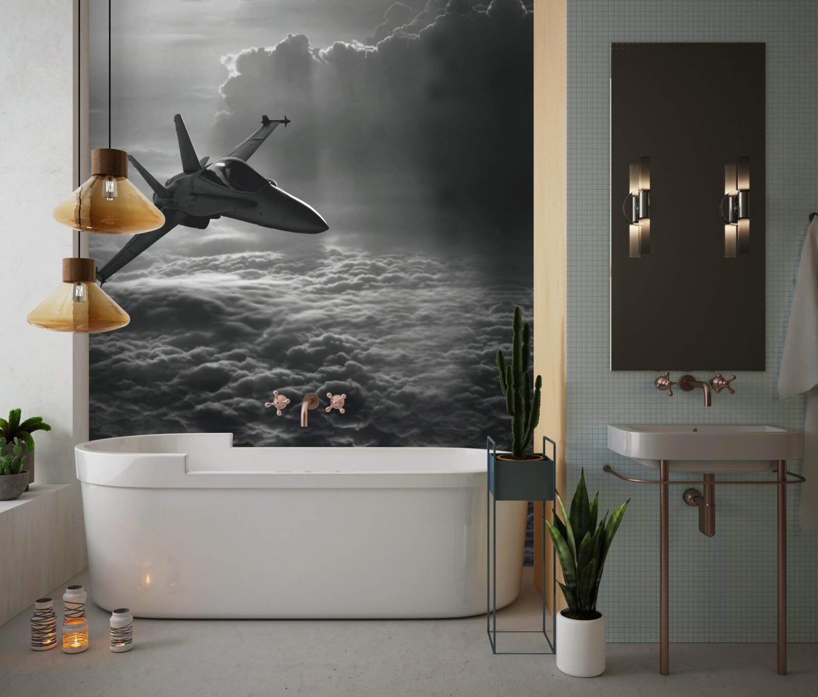 Fotobehang gevechtsvliegtuig tussen de wolken