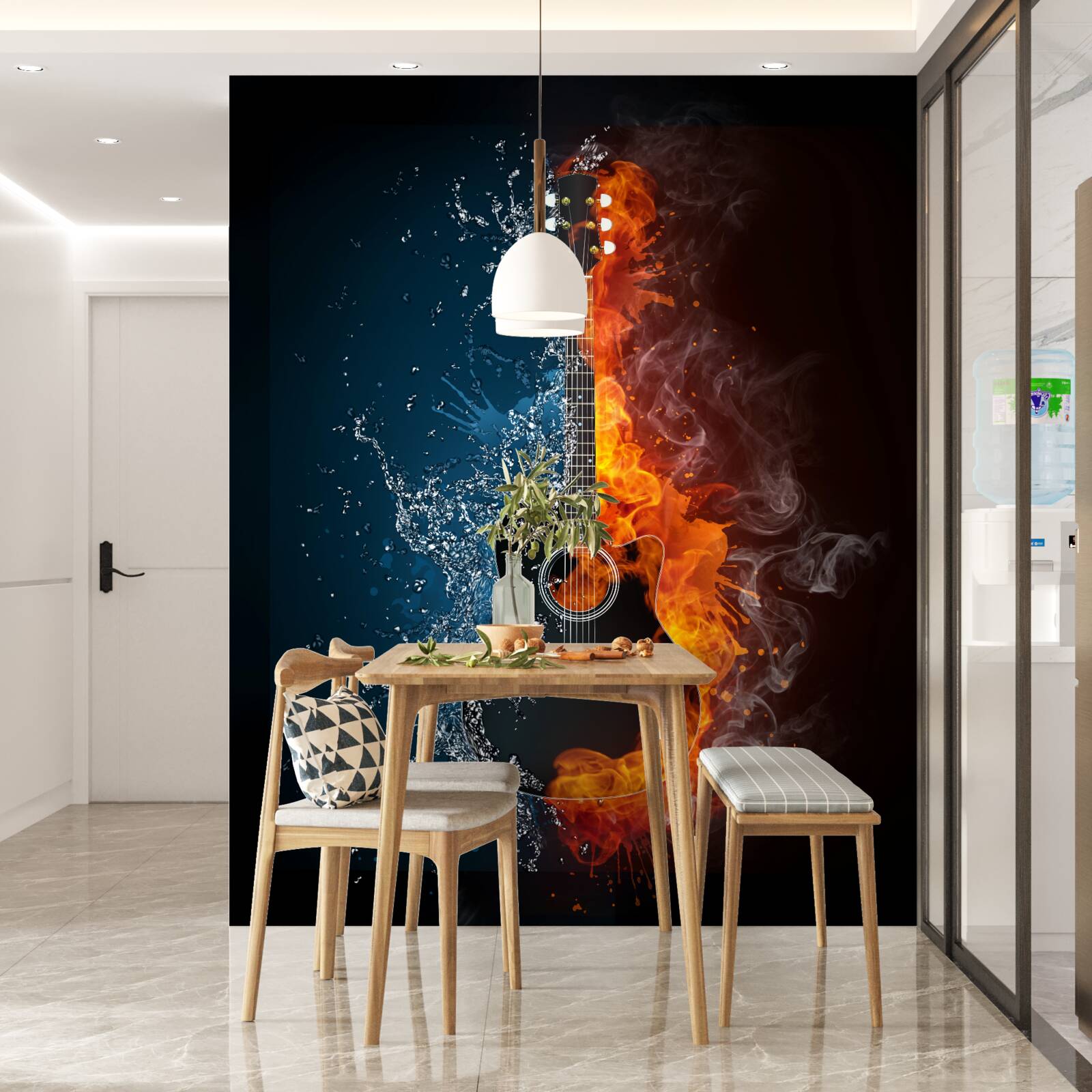 Fotobehang water en vuur omringen de gitaar