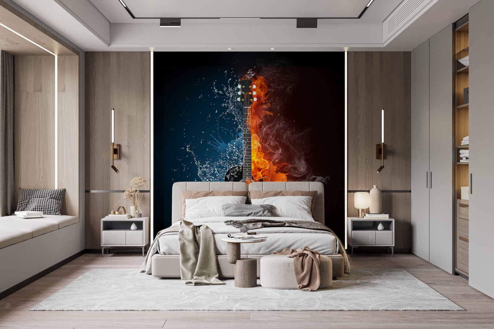 Fotobehang water en vuur omringen de gitaar