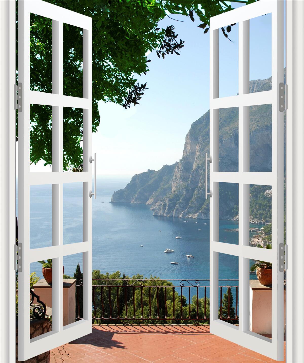Fotobehang balkon met uitzicht op het schilderachtige platteland