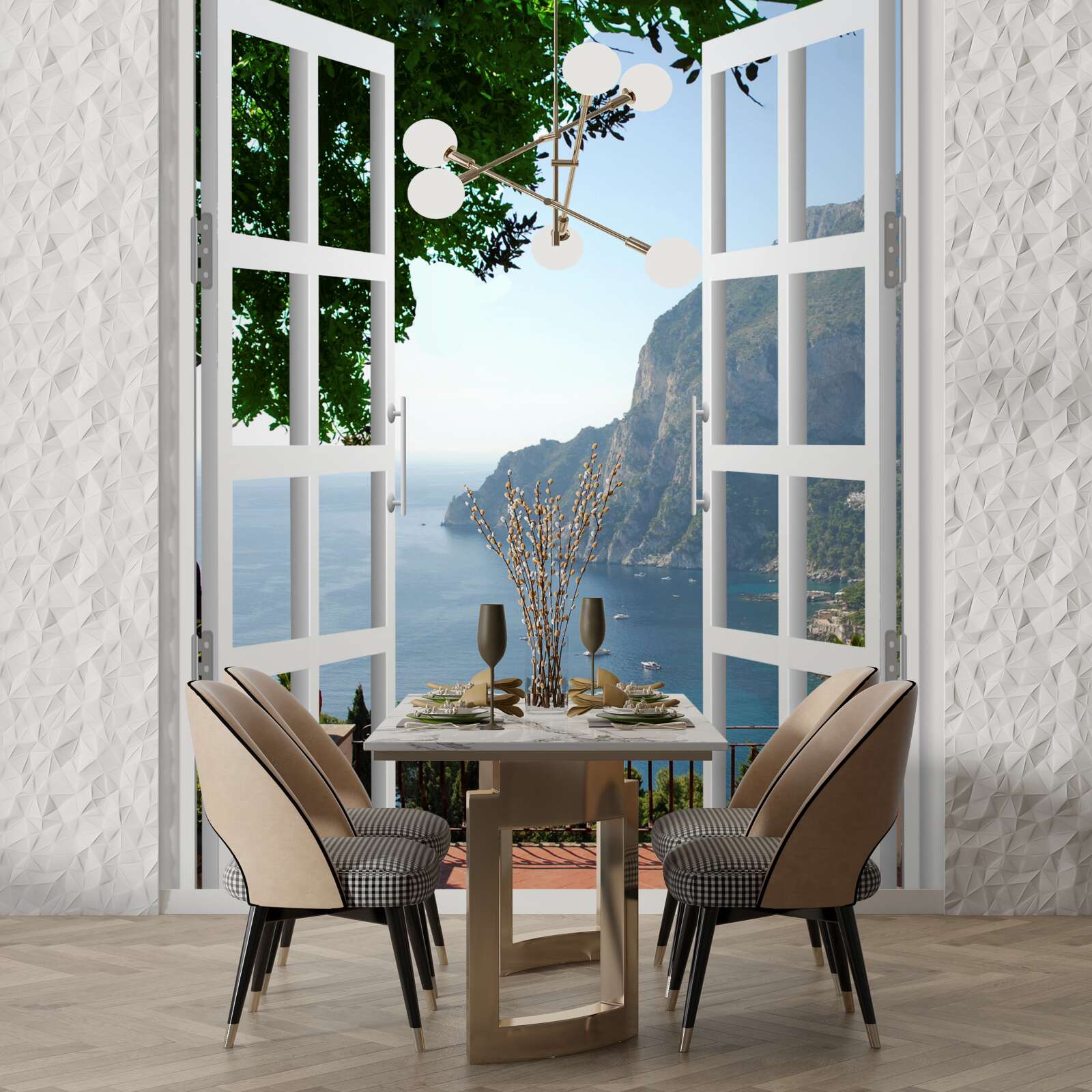 Fotobehang balkon met uitzicht op het schilderachtige platteland