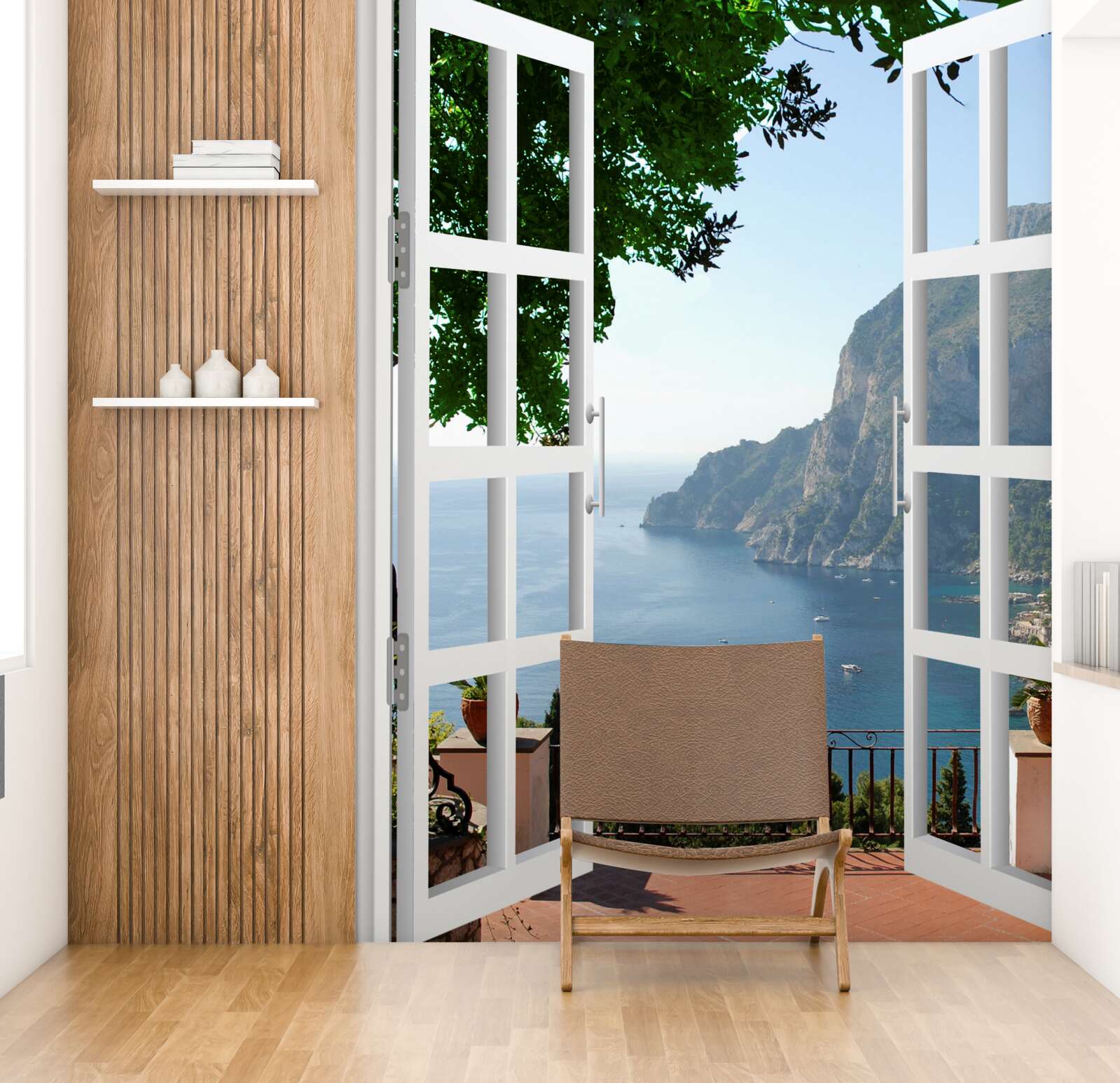 Fotobehang balkon met uitzicht op het schilderachtige platteland