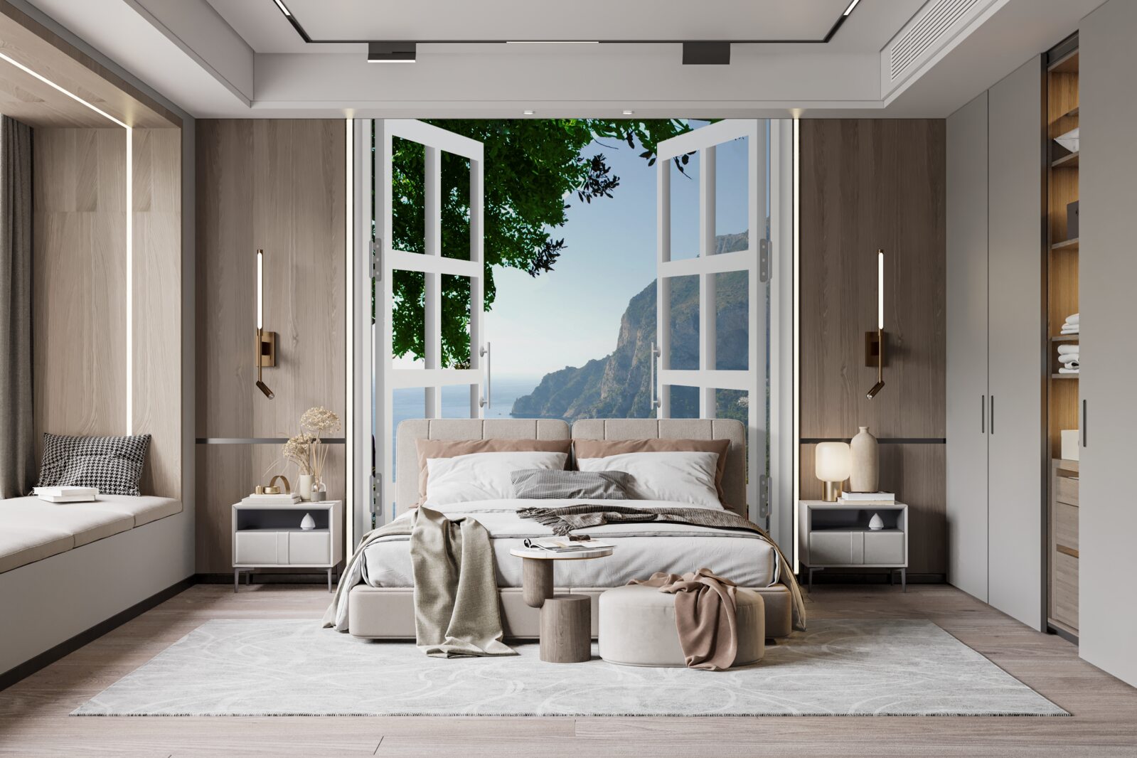 Fotobehang balkon met uitzicht op het schilderachtige platteland