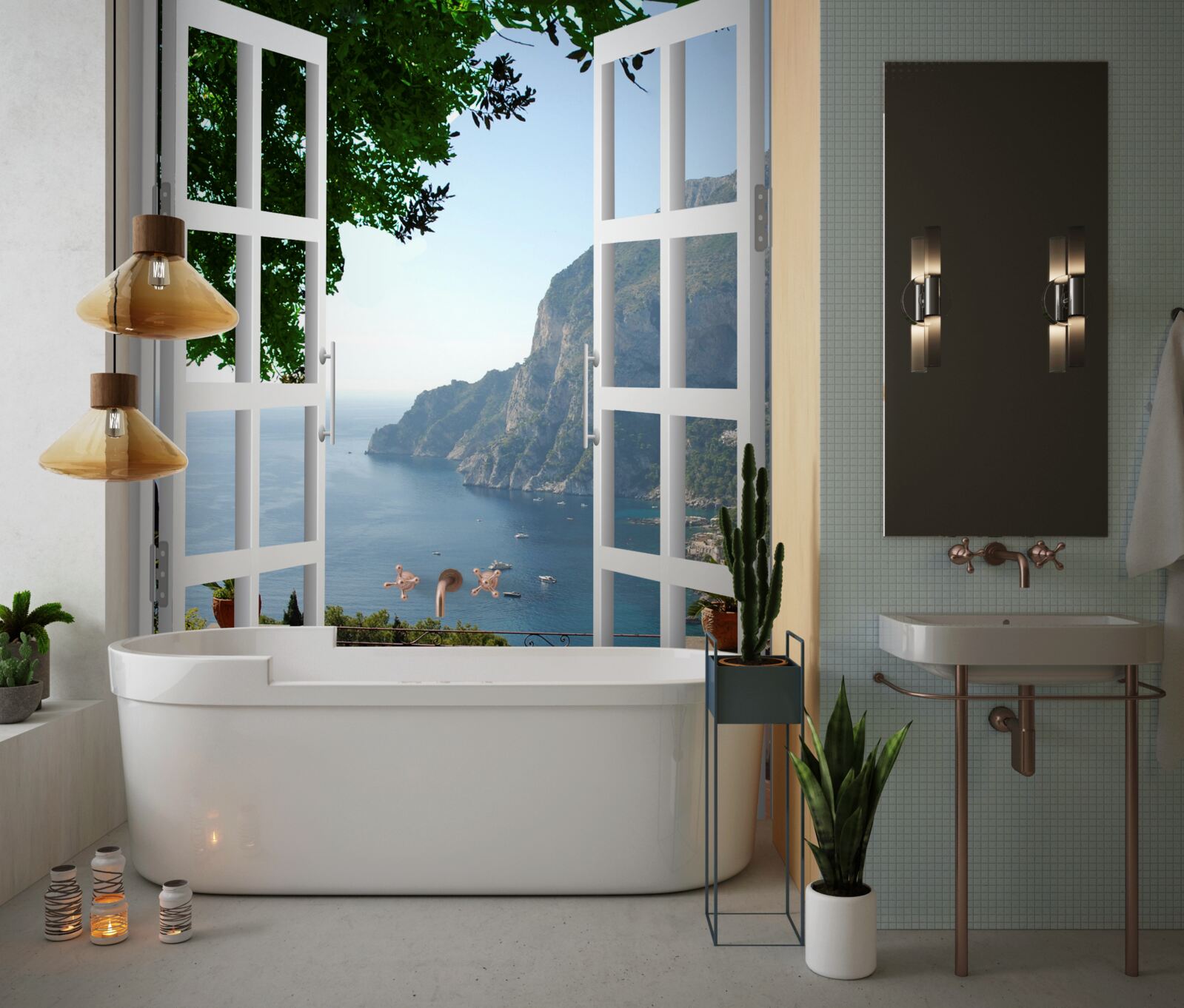 Fotobehang balkon met uitzicht op het schilderachtige platteland