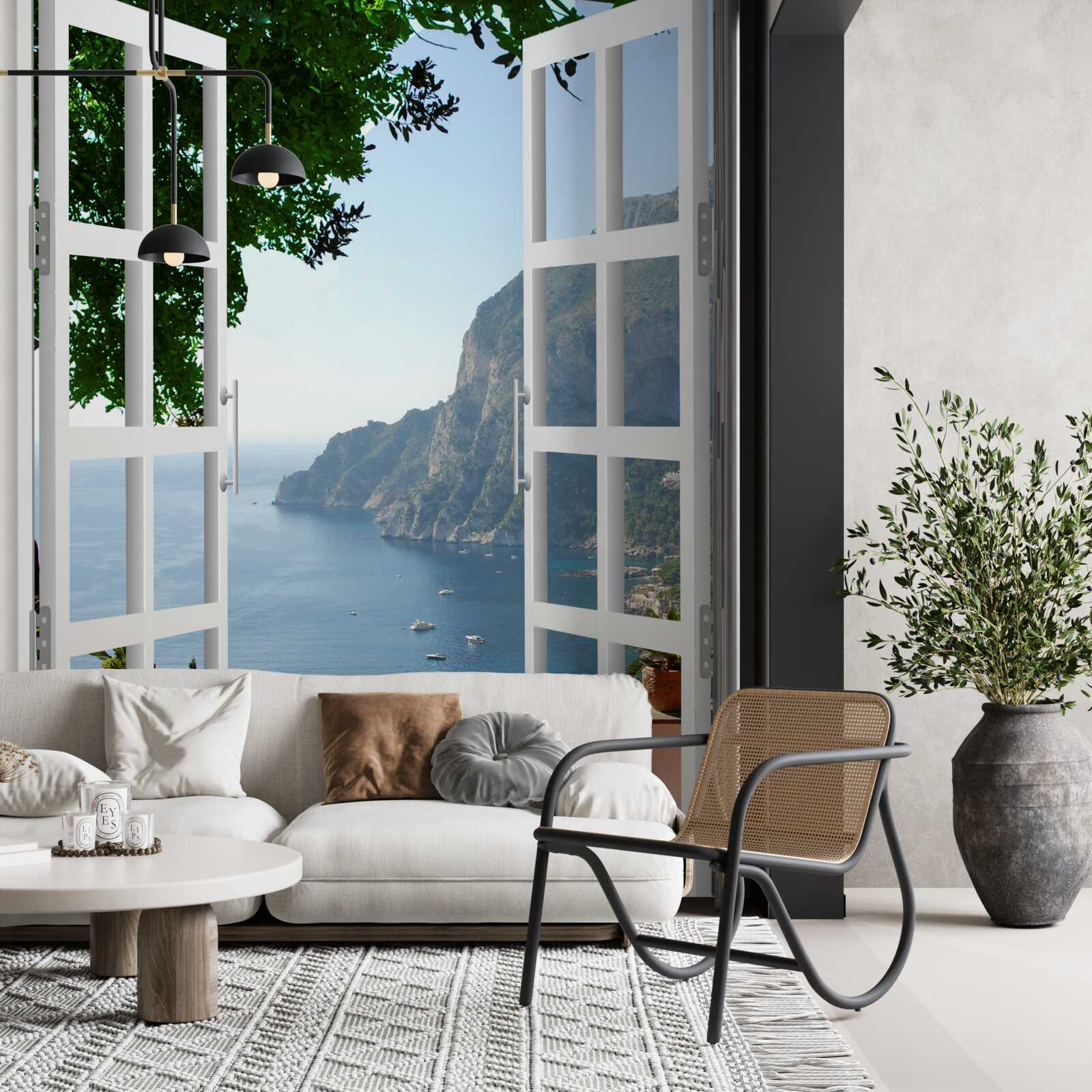 Fotobehang balkon met uitzicht op het schilderachtige platteland