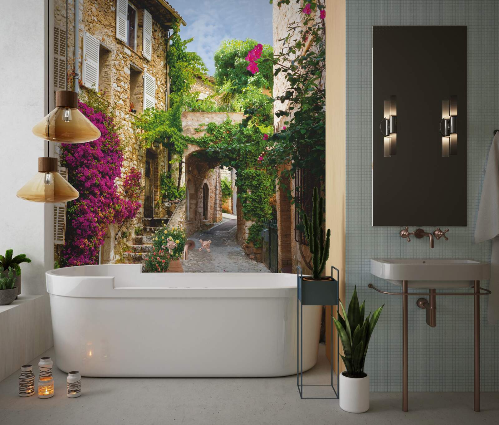 Fotobehang oude straat komt tot leven met bloeiende klimop