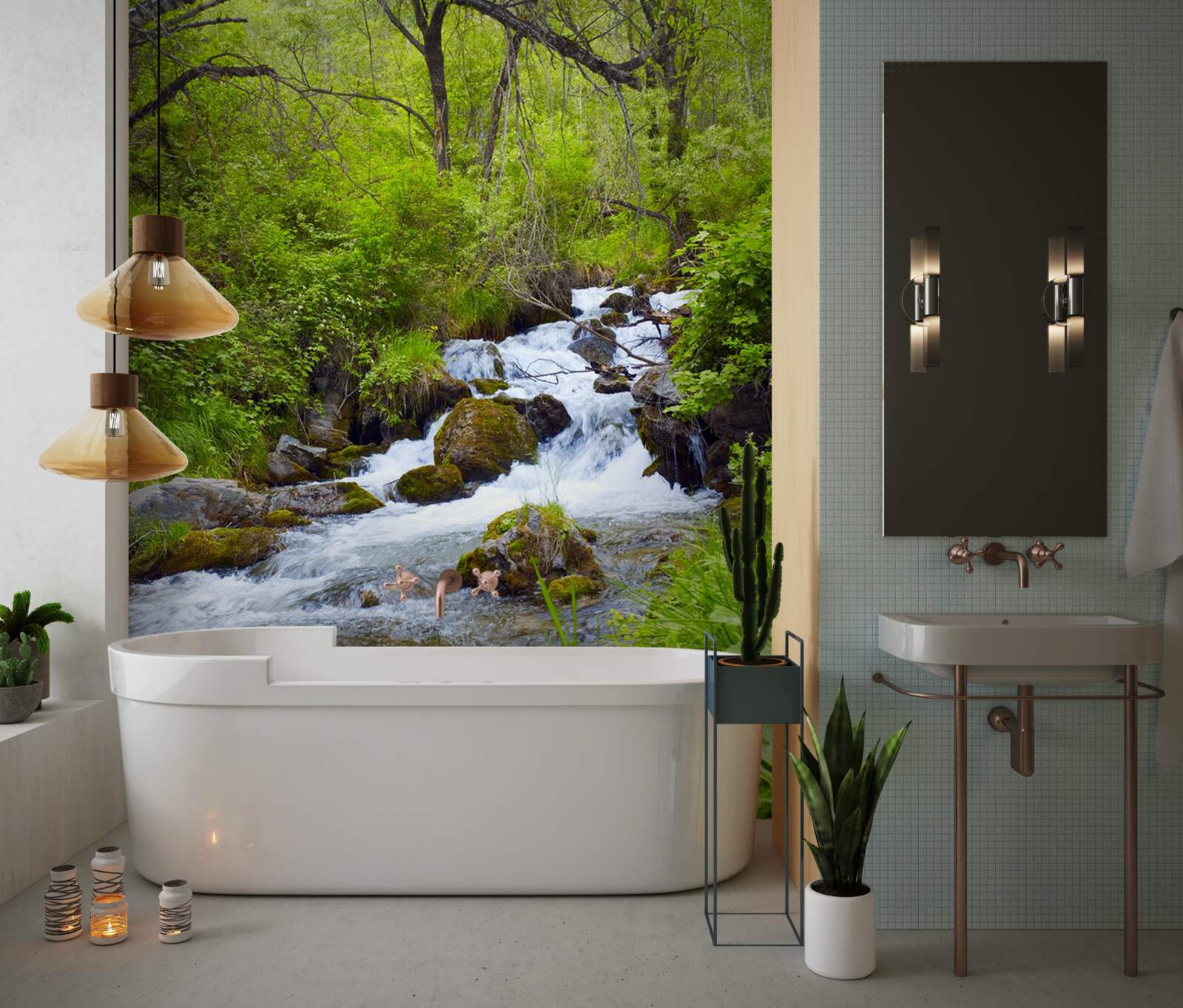 Fotobehang waterval die woest stroomt midden in het bos