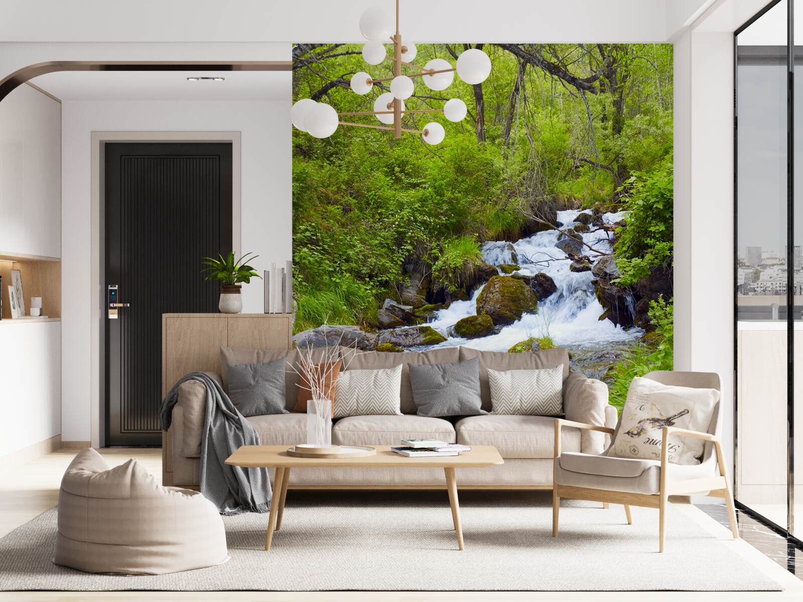 Fotobehang waterval die woest stroomt midden in het bos