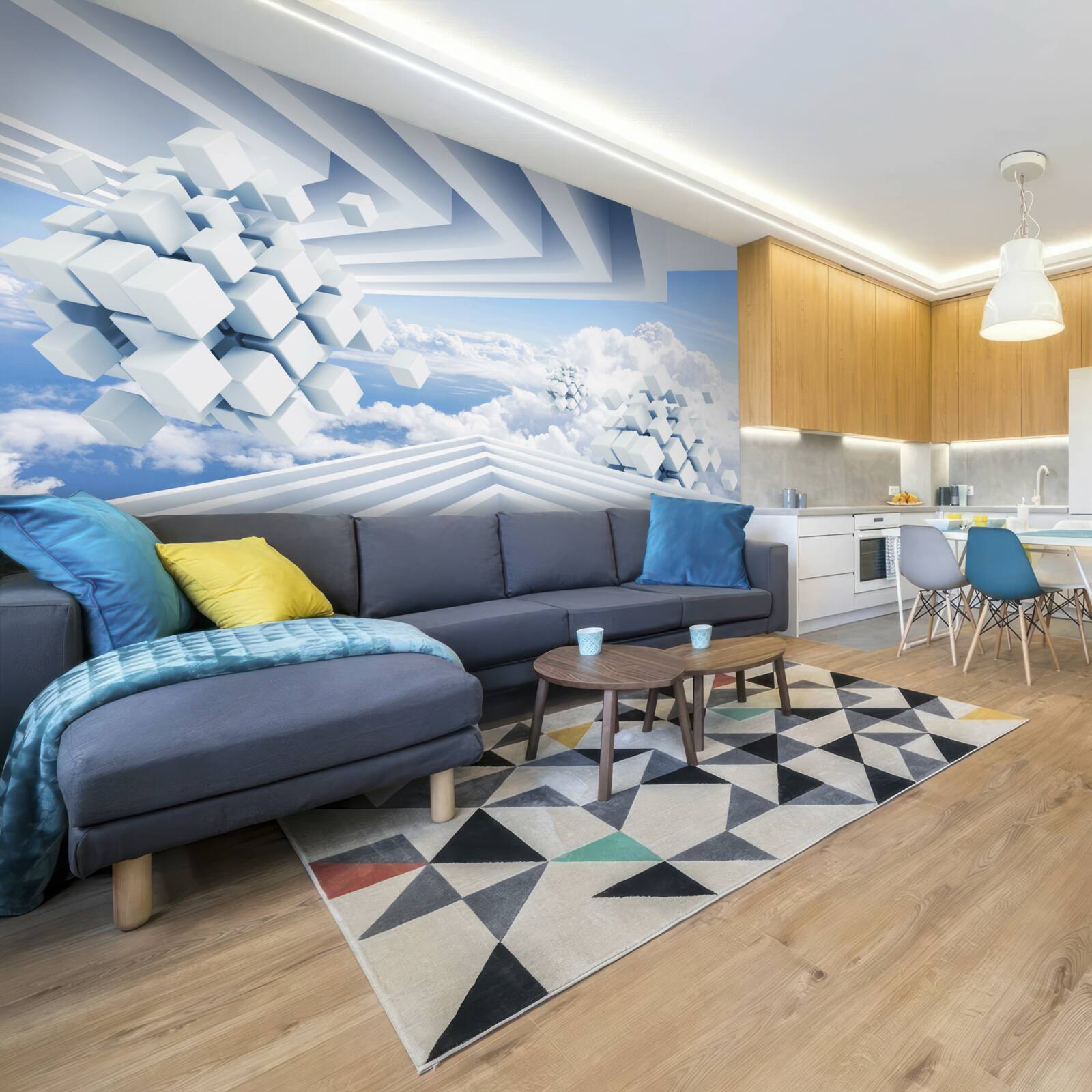 Fotobehang texturen zwevend in het blauw van de wolken