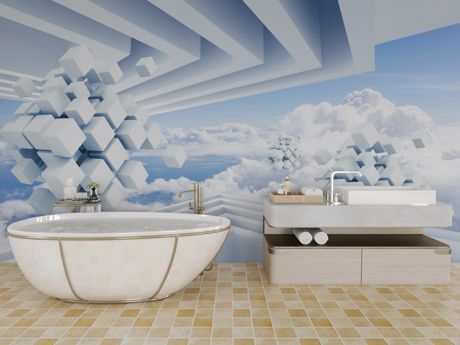 Fotobehang texturen zwevend in het blauw van de wolken