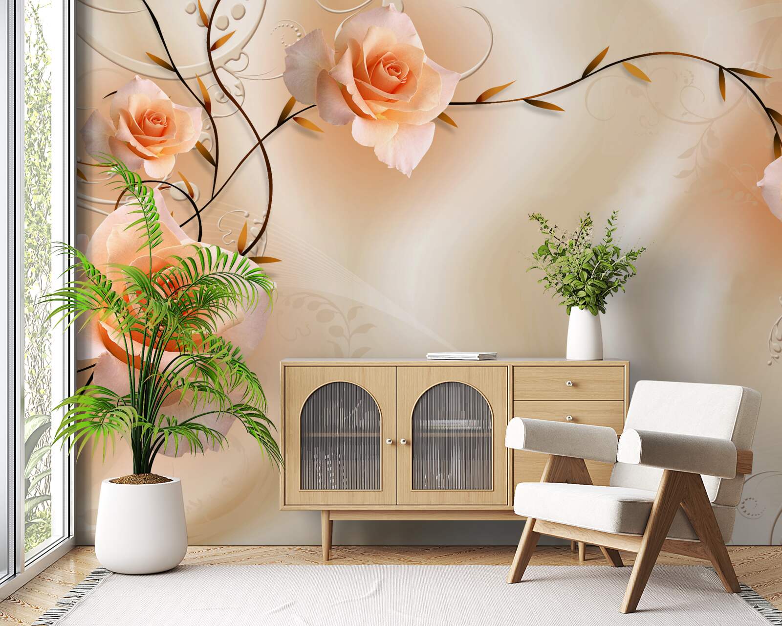 Fotobehang perzikkleurige roos op takken en zijde