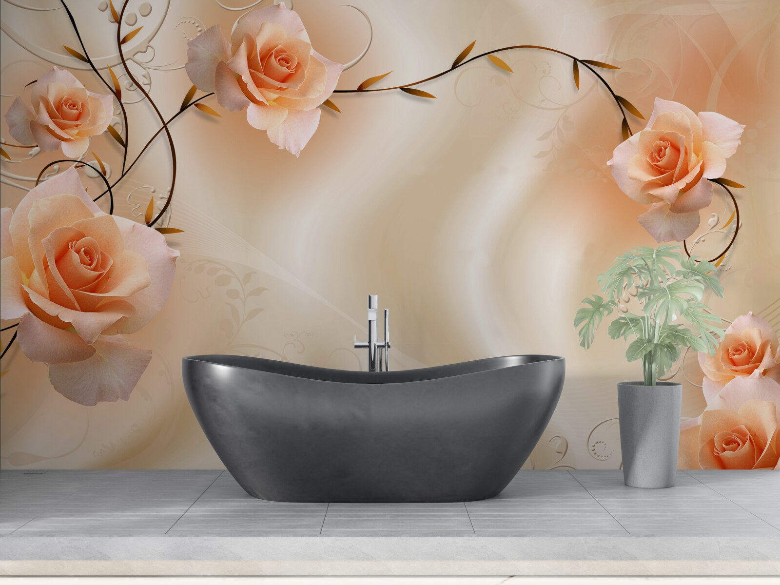 Fotobehang perzikkleurige roos op takken en zijde