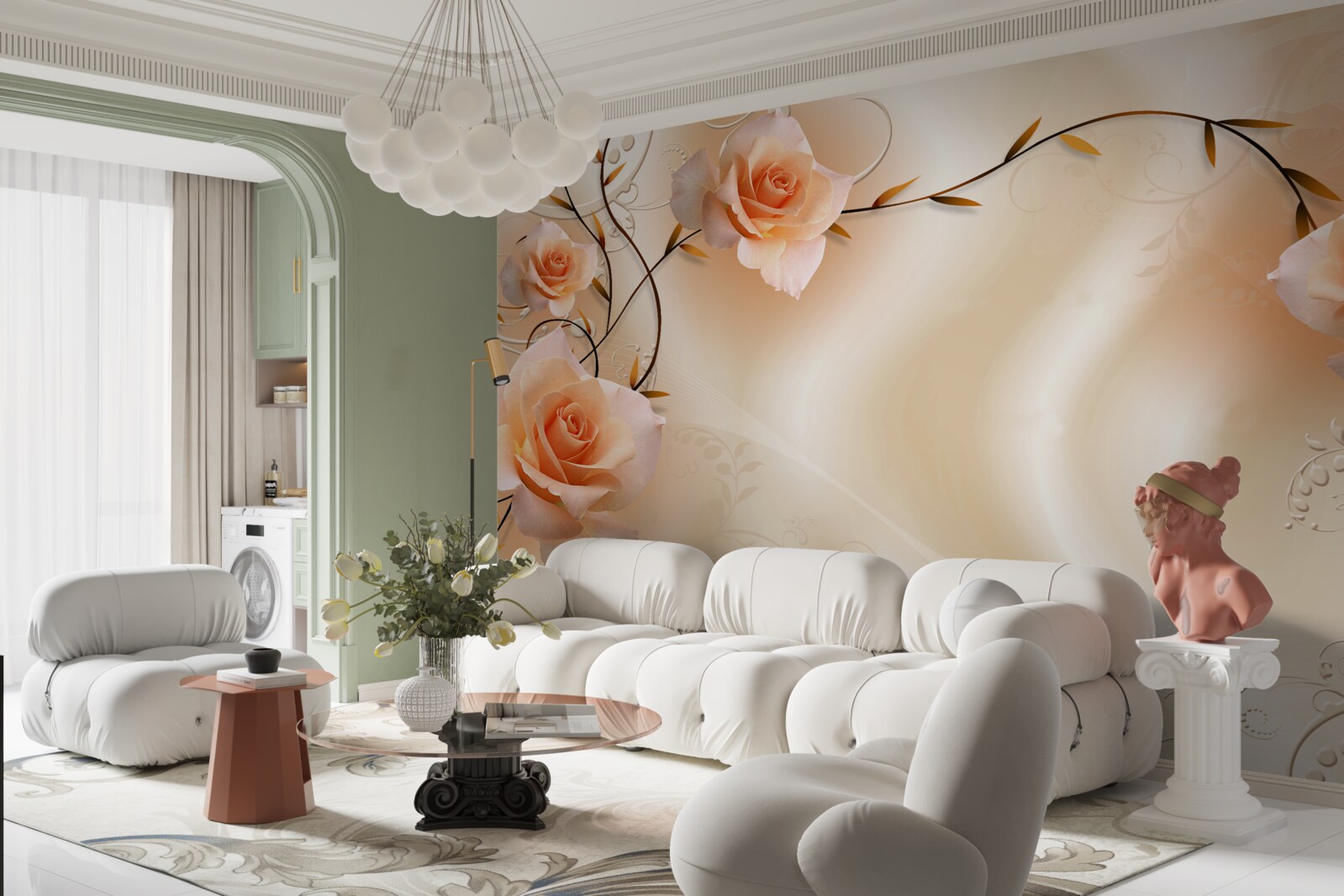 Fotobehang perzikkleurige roos op takken en zijde