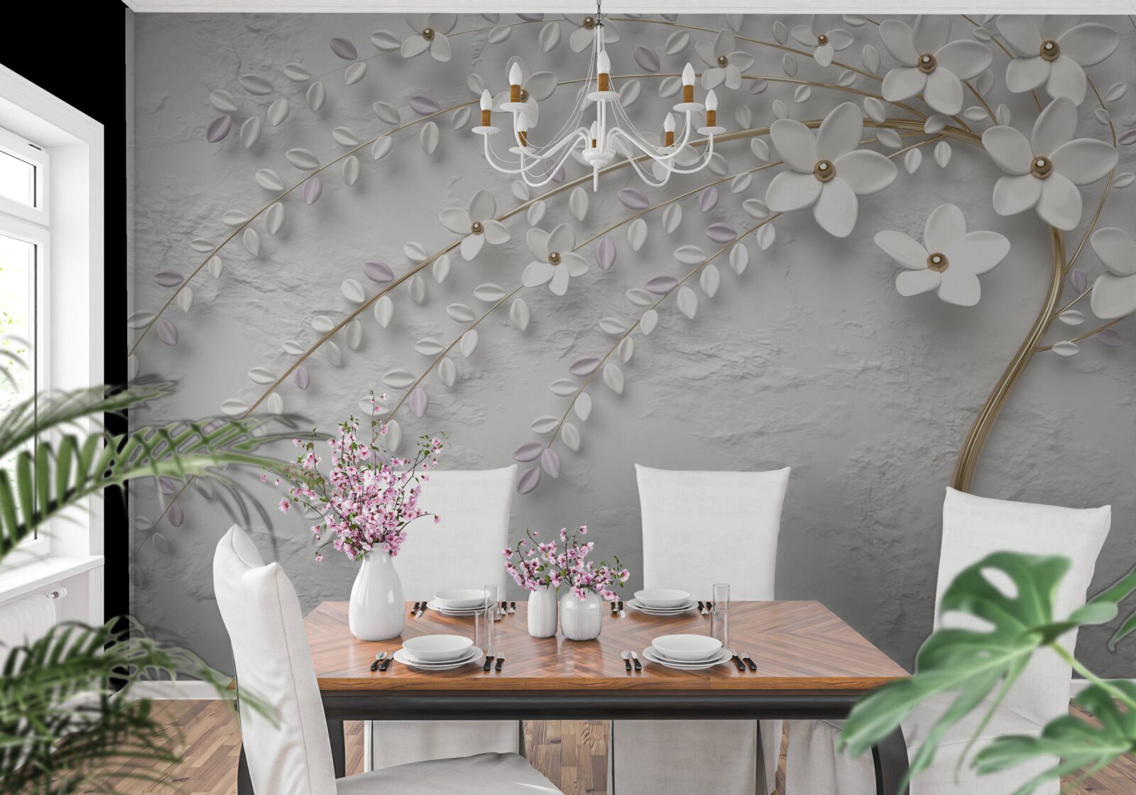 Fotobehang lenteboom versierd met witte bloemen