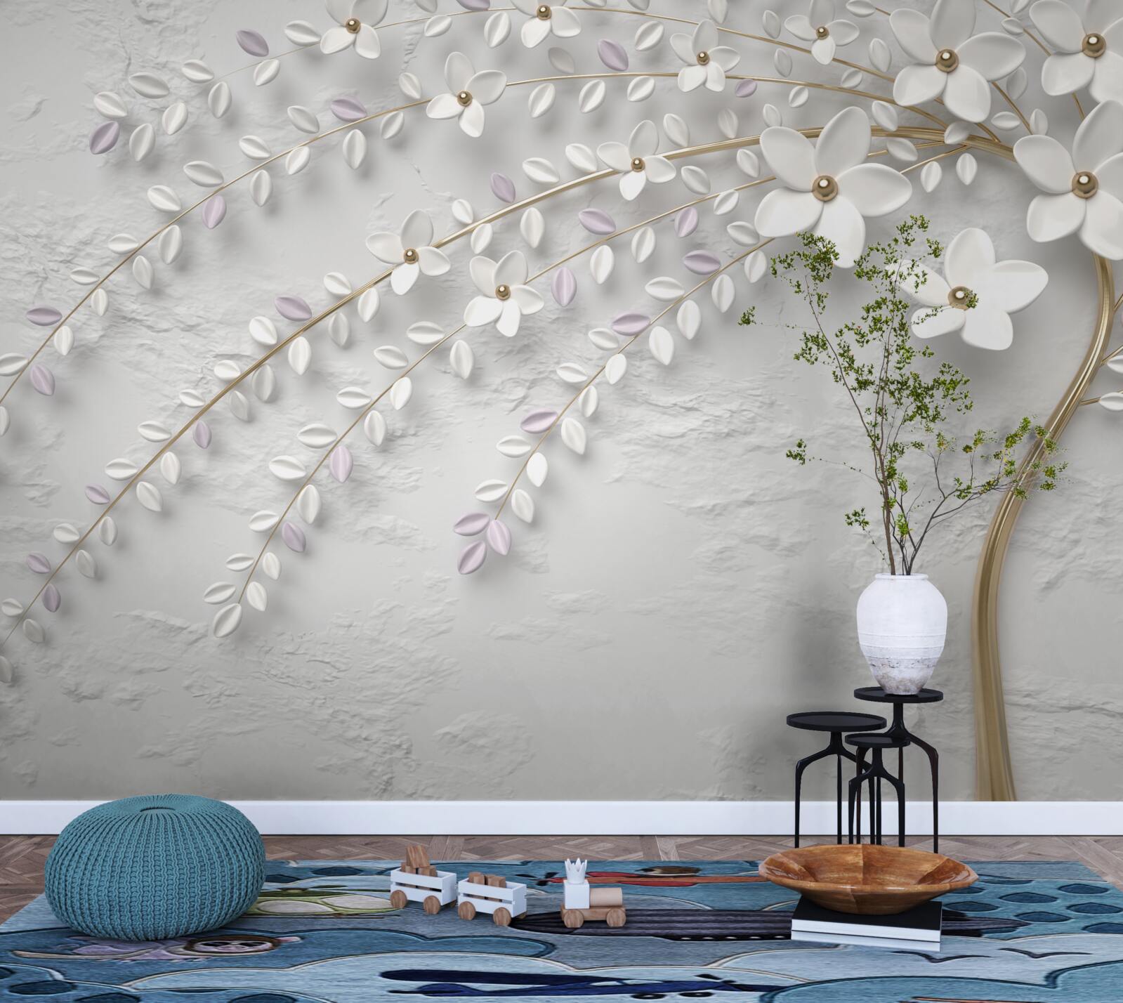 Fotobehang lenteboom versierd met witte bloemen