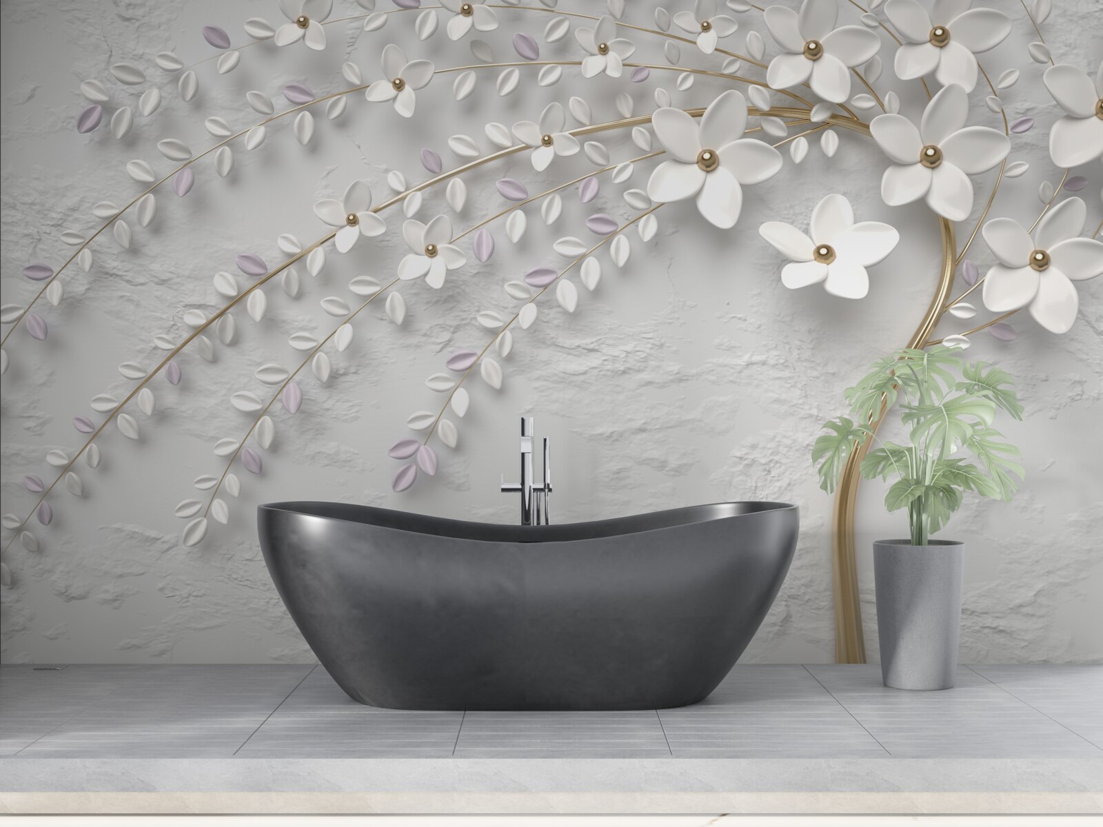 Fotobehang lenteboom versierd met witte bloemen