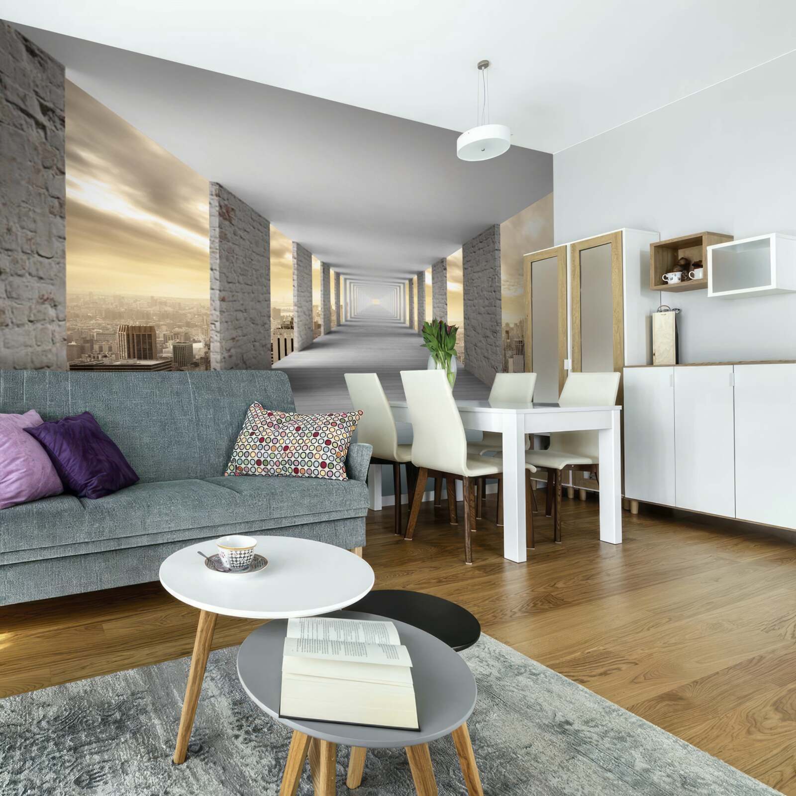 Fotobehang 3d tunnel die boven de stad uittorent