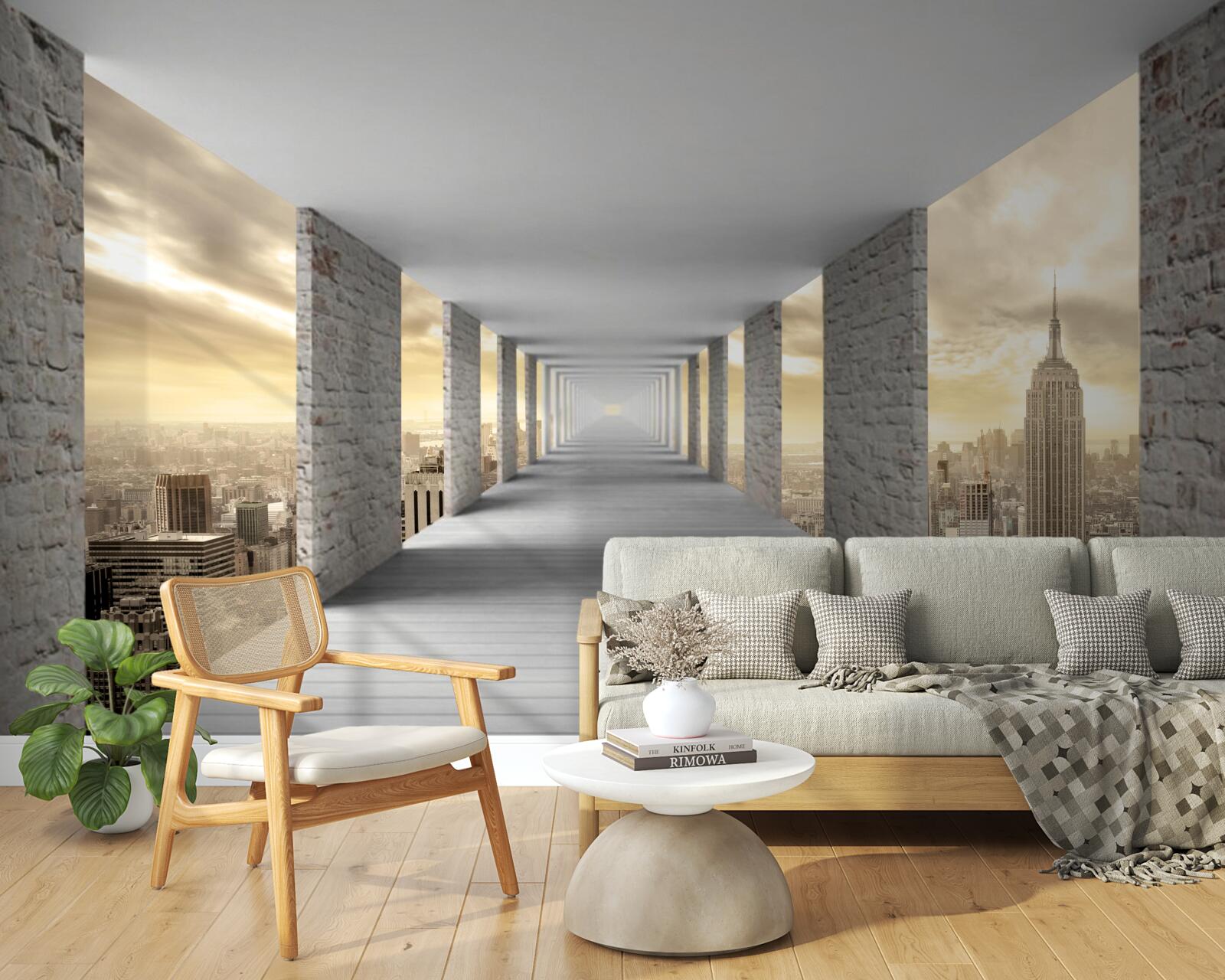 Fotobehang 3d tunnel die boven de stad uittorent