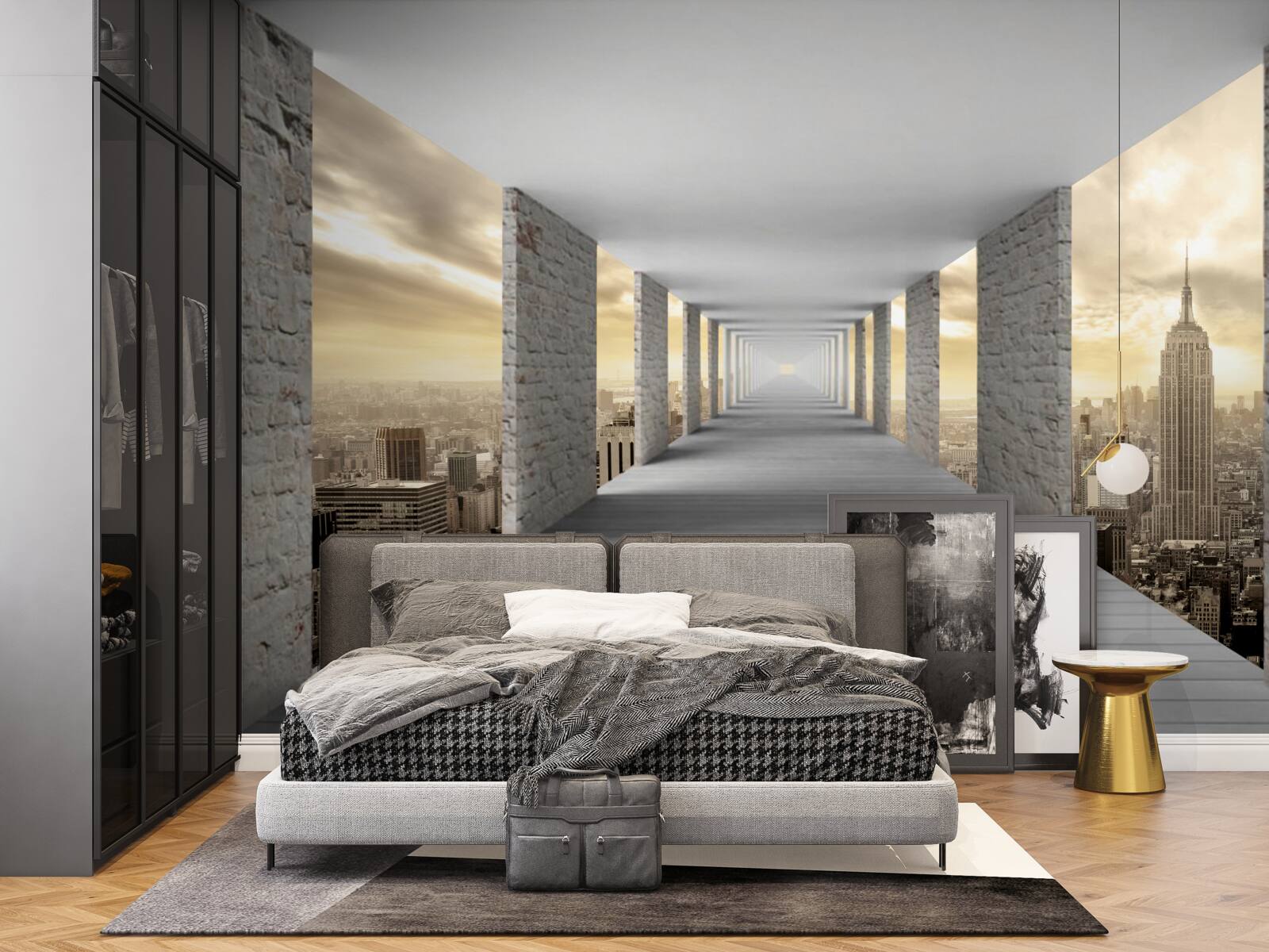 Fotobehang 3d tunnel die boven de stad uittorent