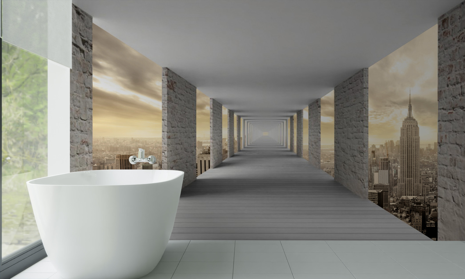 Fotobehang 3d tunnel die boven de stad uittorent