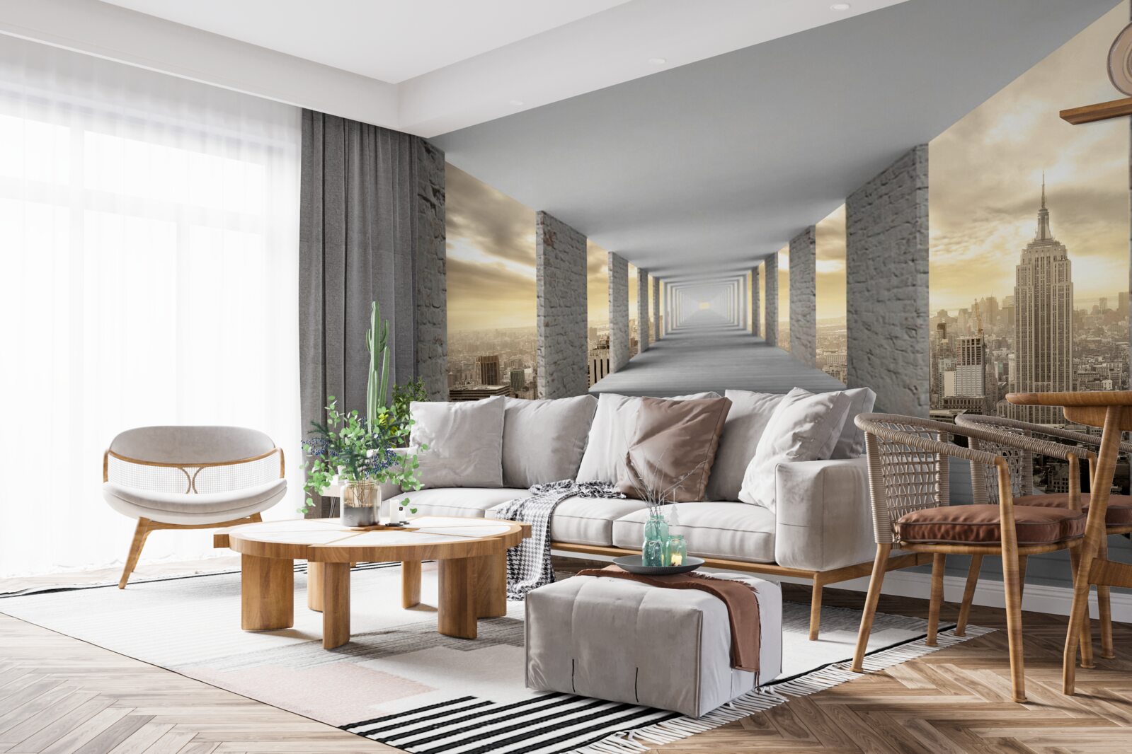 Fotobehang 3d tunnel die boven de stad uittorent