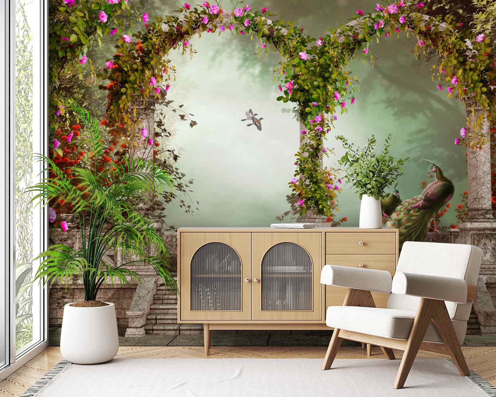 Fotobehang pauw in groene bogen bedekt met bladeren