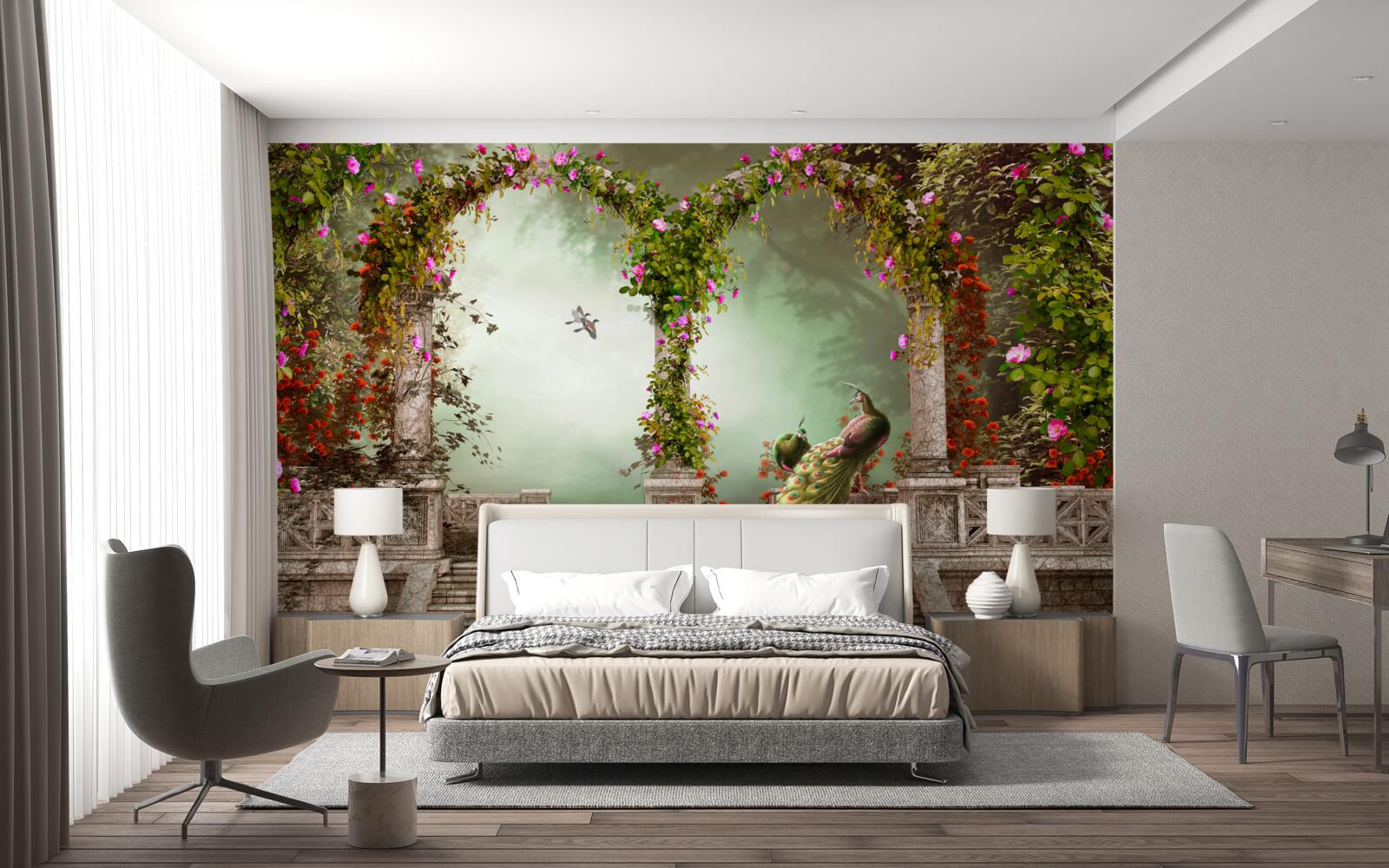 Fotobehang pauw in groene bogen bedekt met bladeren