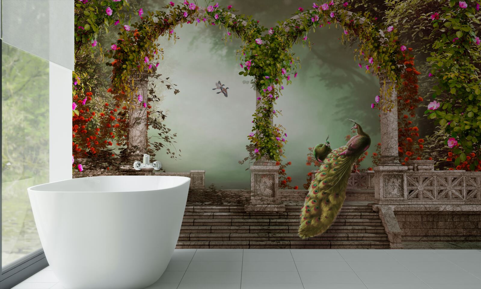 Fotobehang pauw in groene bogen bedekt met bladeren