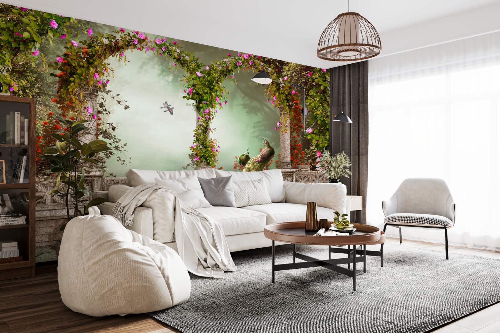 Fotobehang pauw in groene bogen bedekt met bladeren