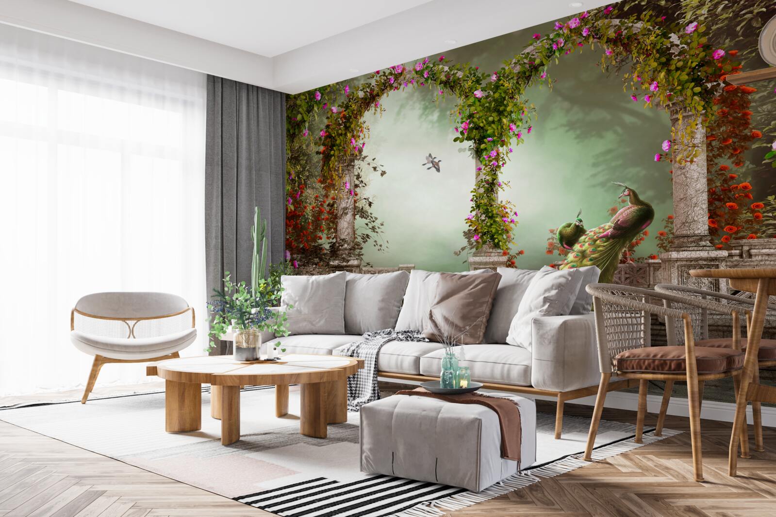 Fotobehang pauw in groene bogen bedekt met bladeren