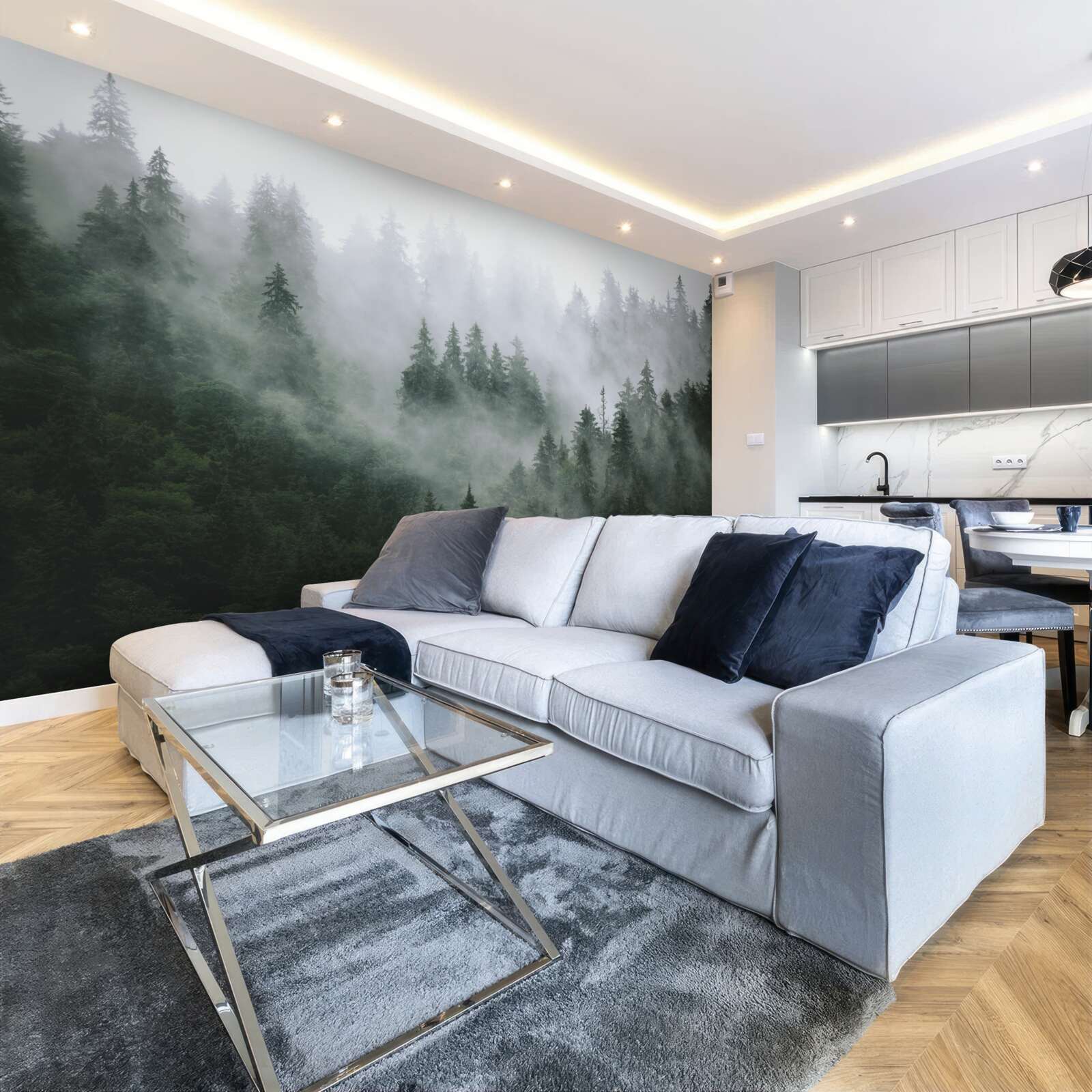 Fotobehang mistige rand van een naaldbos