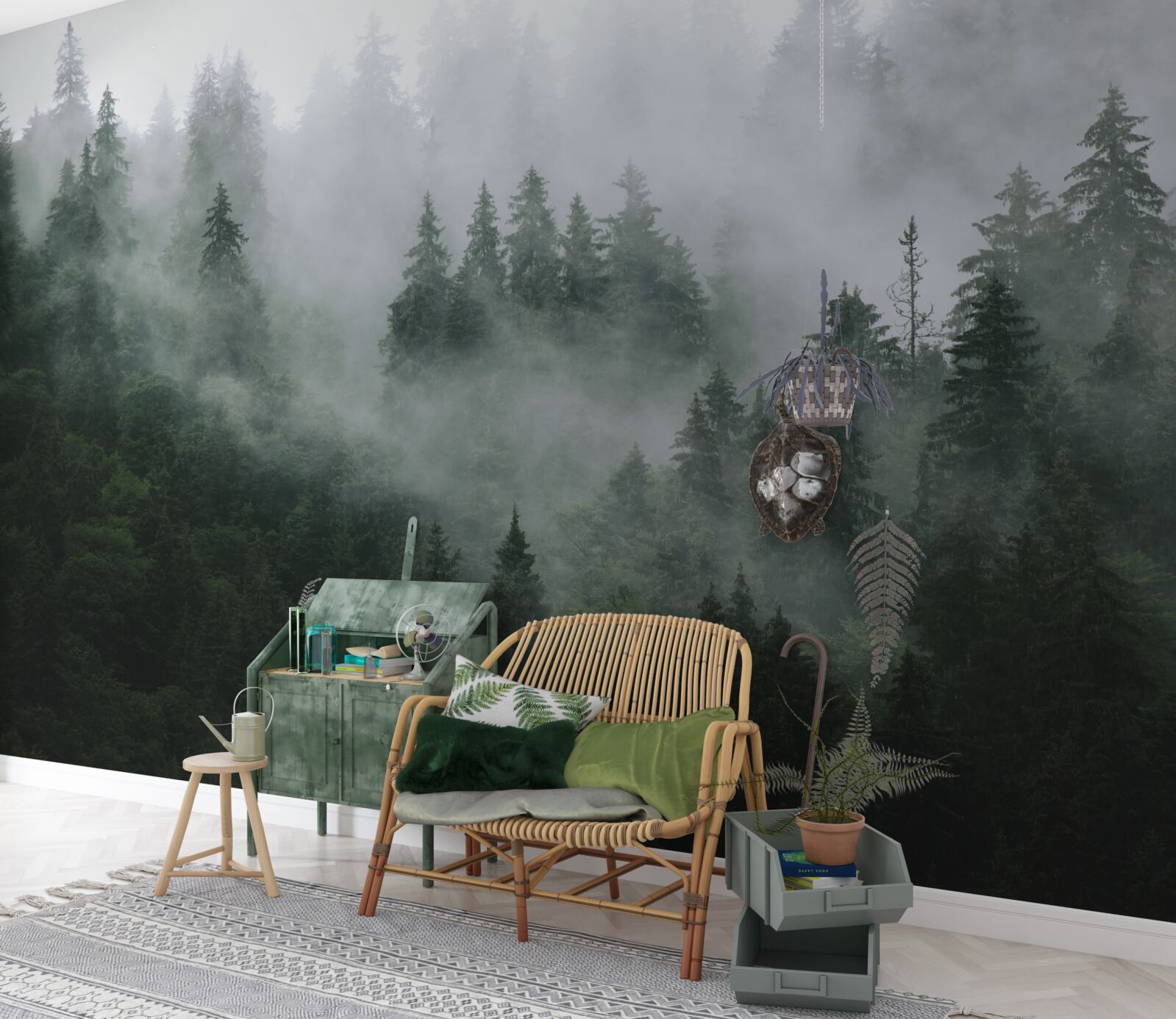 Fotobehang mistige rand van een naaldbos