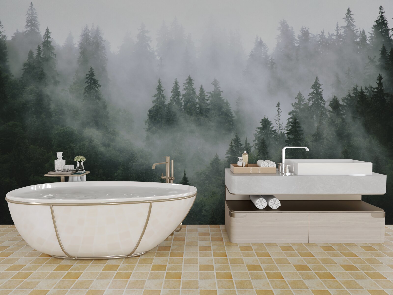 Fotobehang mistige rand van een naaldbos