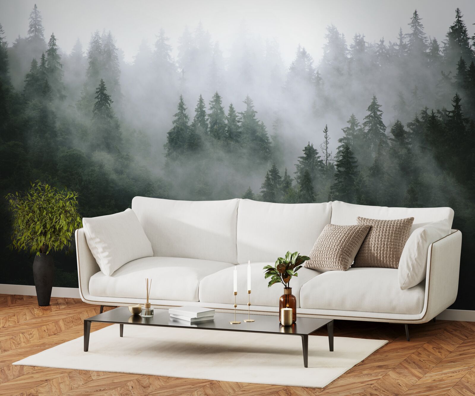 Fotobehang mistige rand van een naaldbos