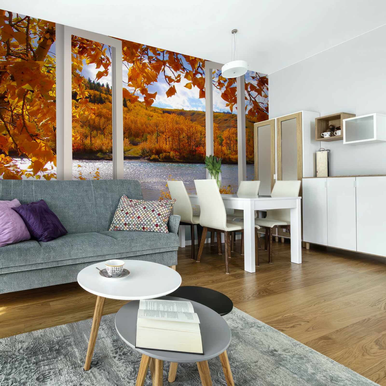 Fotobehang uitzicht op het herfstbos vanuit het raam