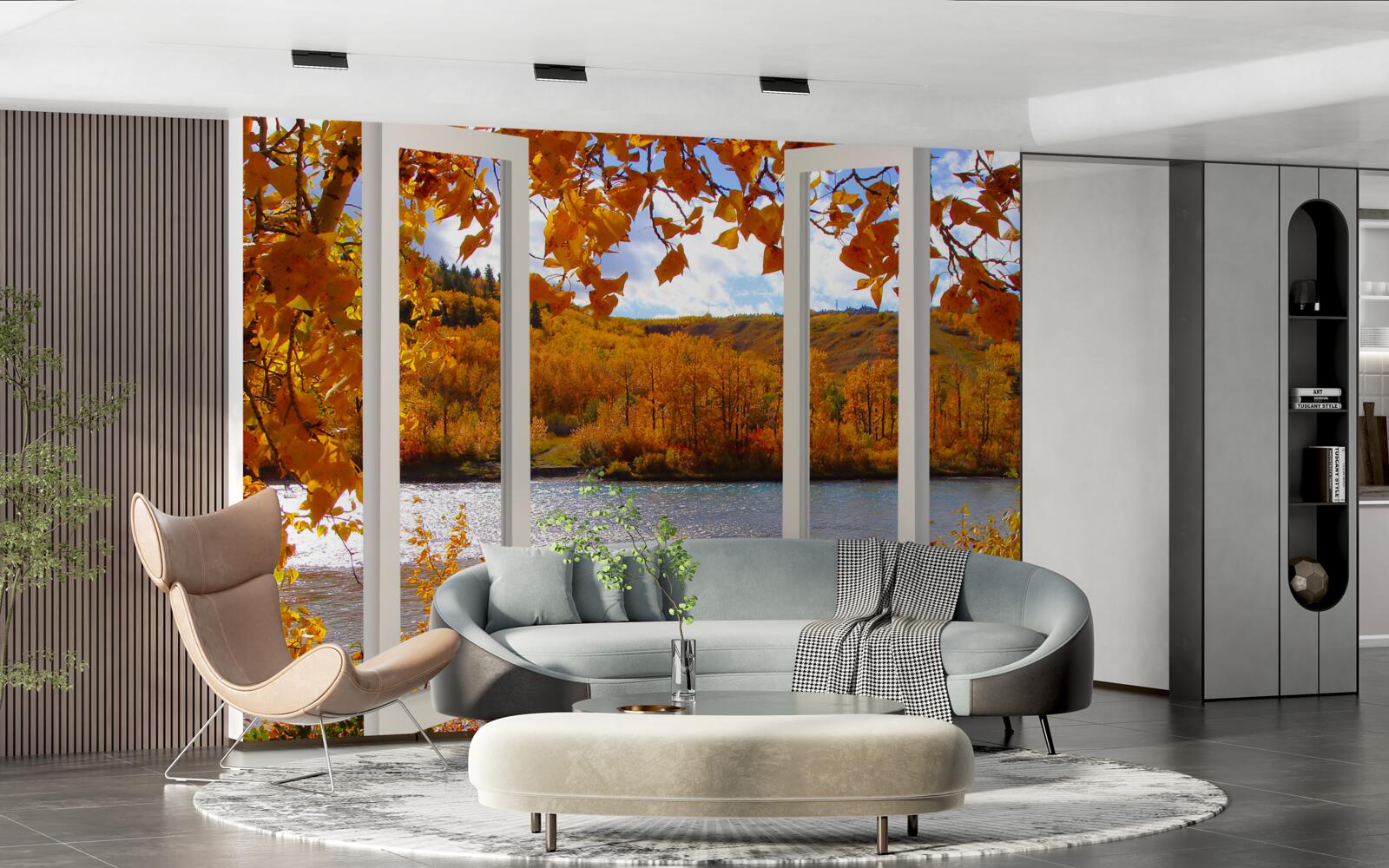 Fotobehang uitzicht op het herfstbos vanuit het raam