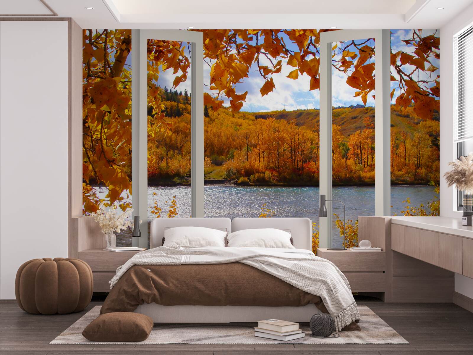 Fotobehang uitzicht op het herfstbos vanuit het raam