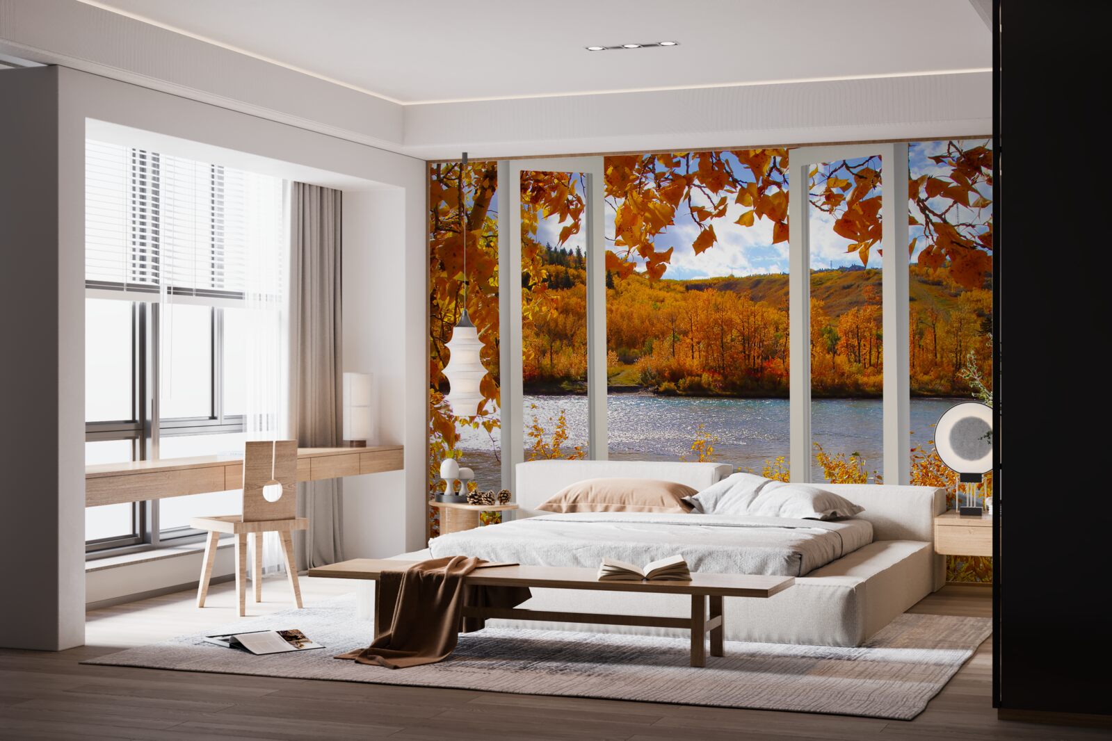 Fotobehang uitzicht op het herfstbos vanuit het raam