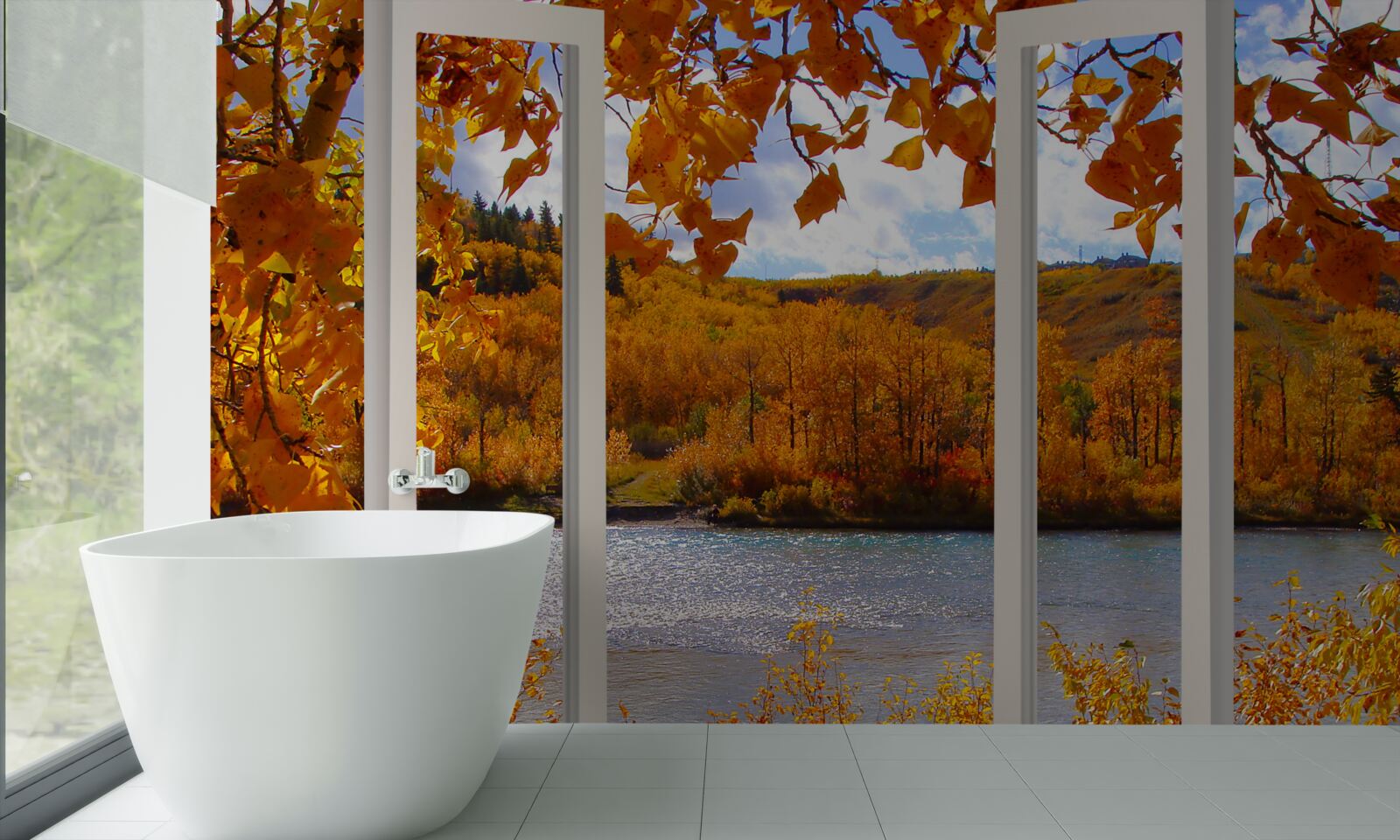 Fotobehang uitzicht op het herfstbos vanuit het raam