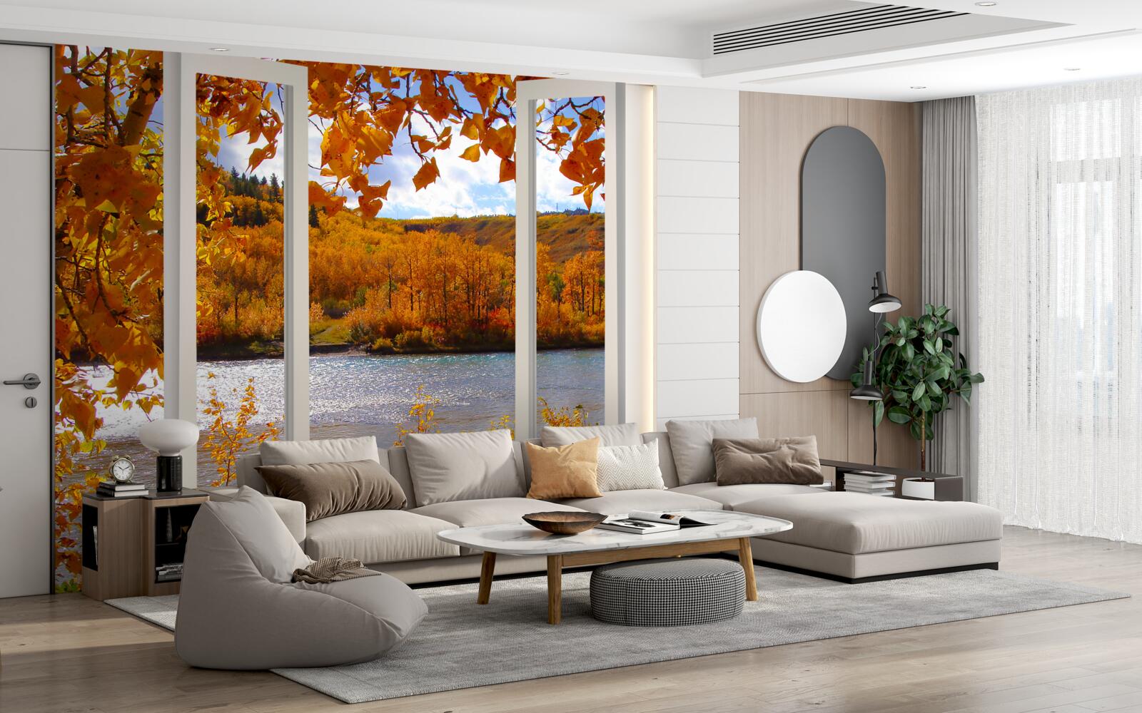 Fotobehang uitzicht op het herfstbos vanuit het raam