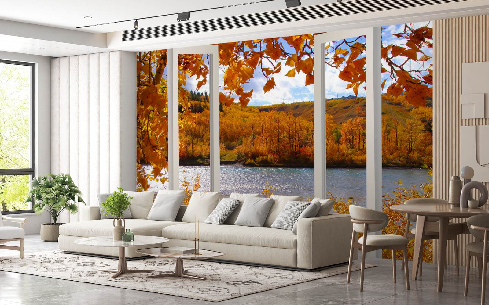 Fotobehang uitzicht op het herfstbos vanuit het raam