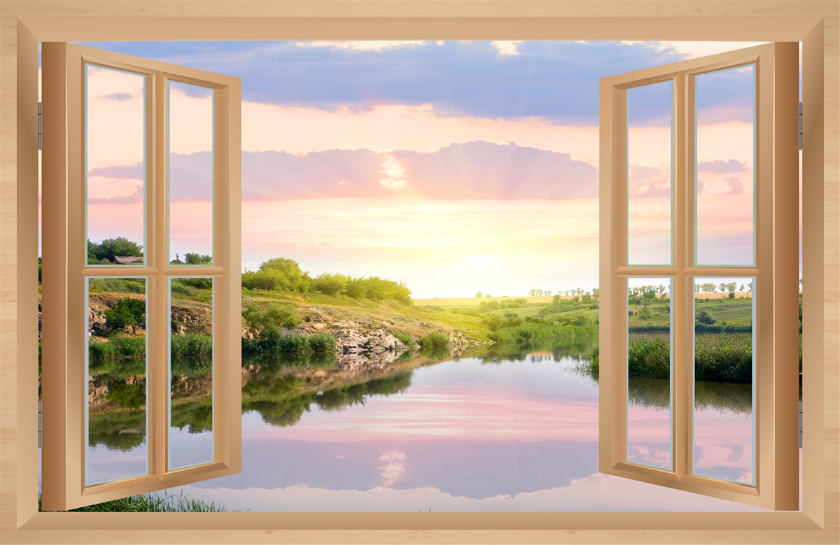 Fotobehang uitzicht vanuit het raam op rustig water en groene weiden