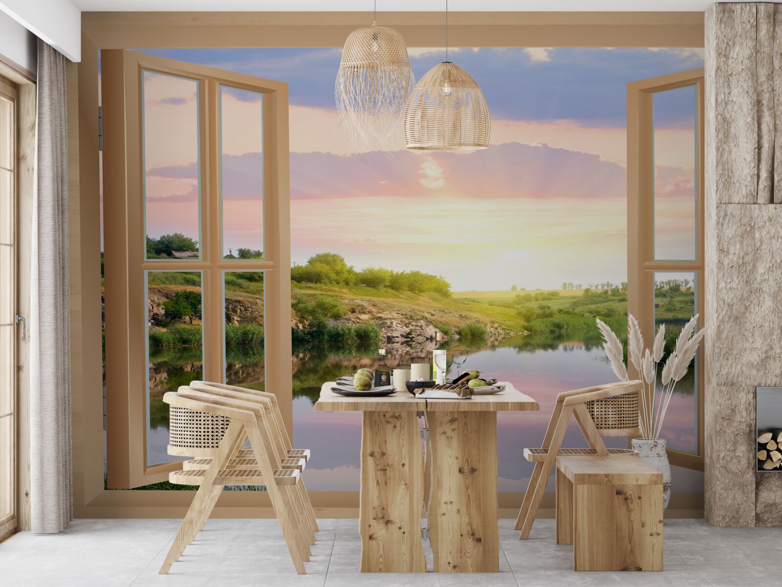 Fotobehang uitzicht vanuit het raam op rustig water en groene weiden