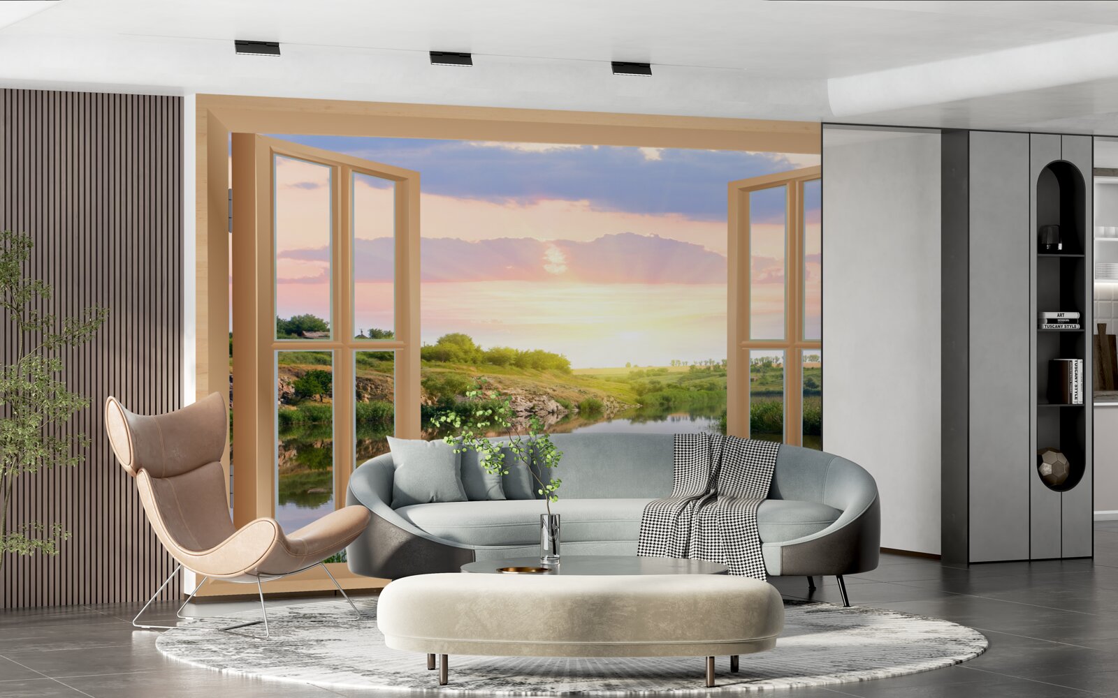 Fotobehang uitzicht vanuit het raam op rustig water en groene weiden