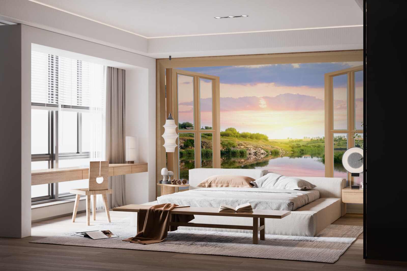 Fotobehang uitzicht vanuit het raam op rustig water en groene weiden