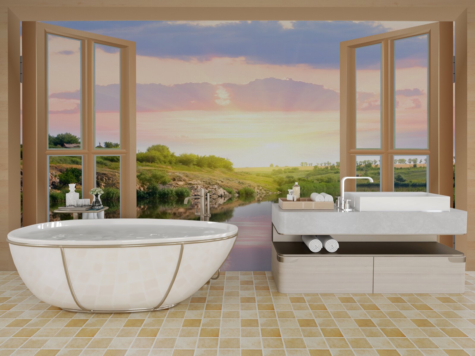 Fotobehang uitzicht vanuit het raam op rustig water en groene weiden