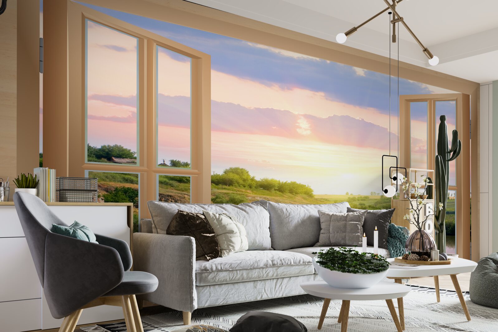 Fotobehang uitzicht vanuit het raam op rustig water en groene weiden