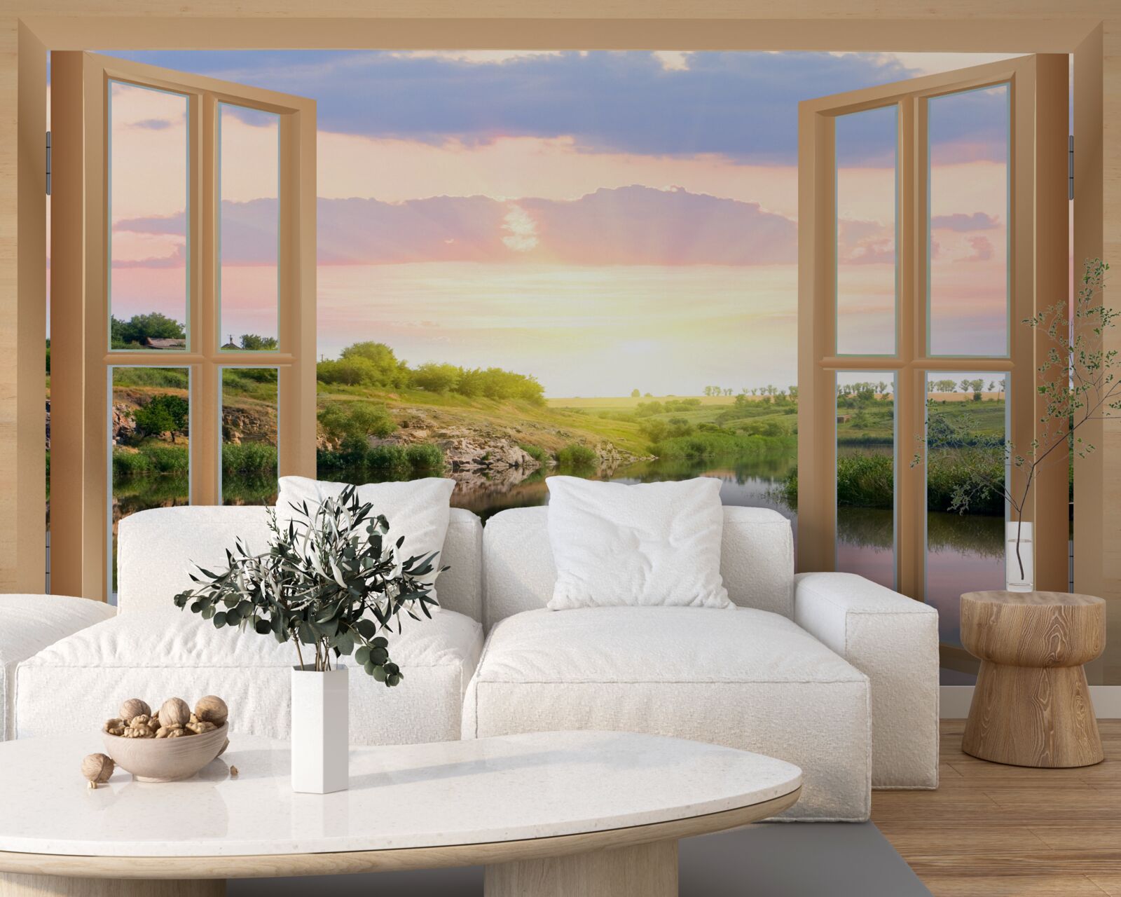 Fotobehang uitzicht vanuit het raam op rustig water en groene weiden