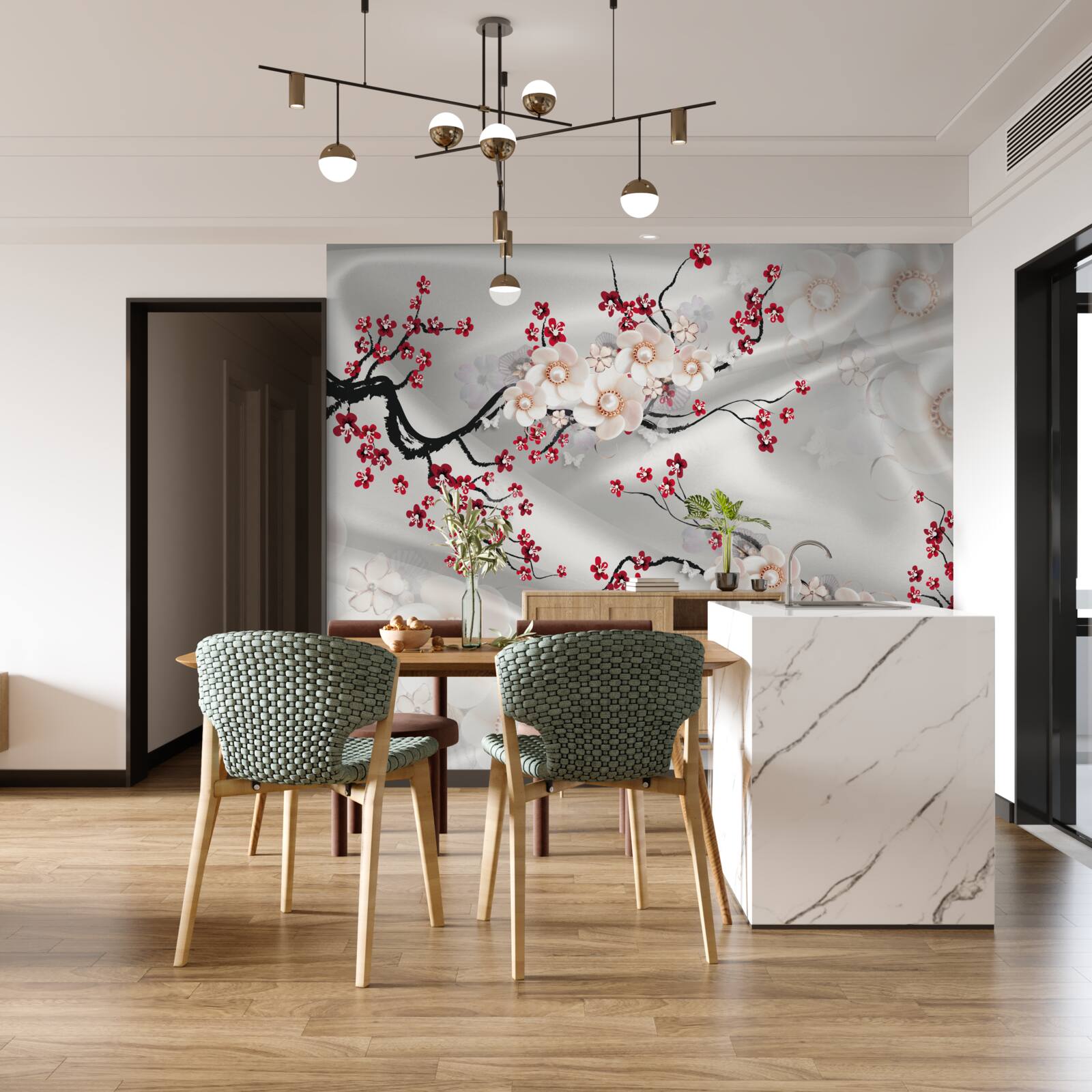 Fotobehang bloemen bloeiden op de takken van de rode sakura