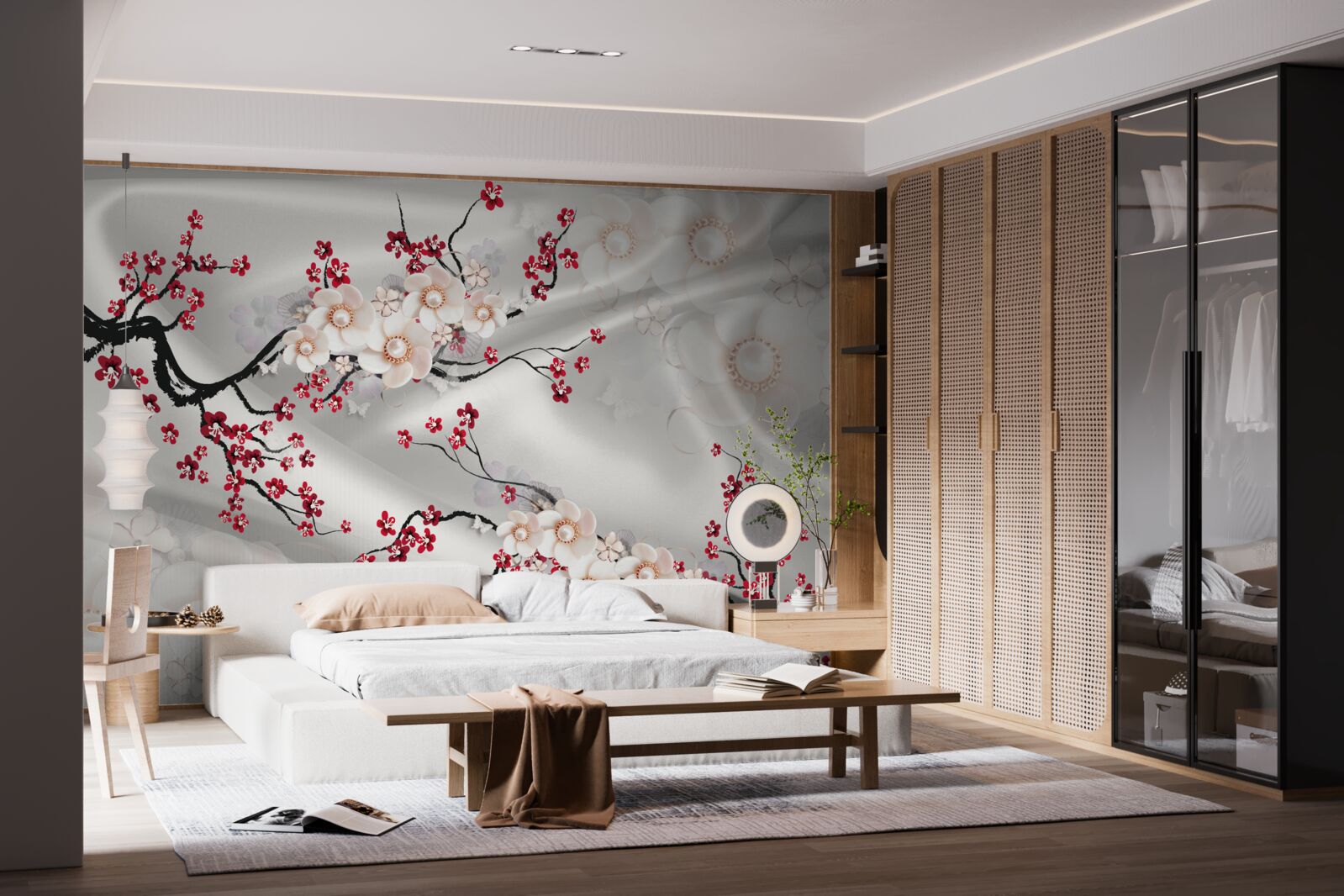 Fotobehang bloemen bloeiden op de takken van de rode sakura